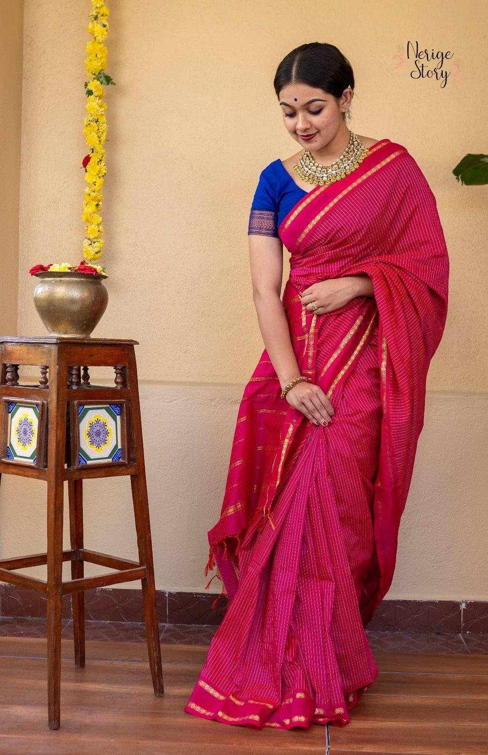 PREMIUM CHECKED COTTON SAREE - PINK