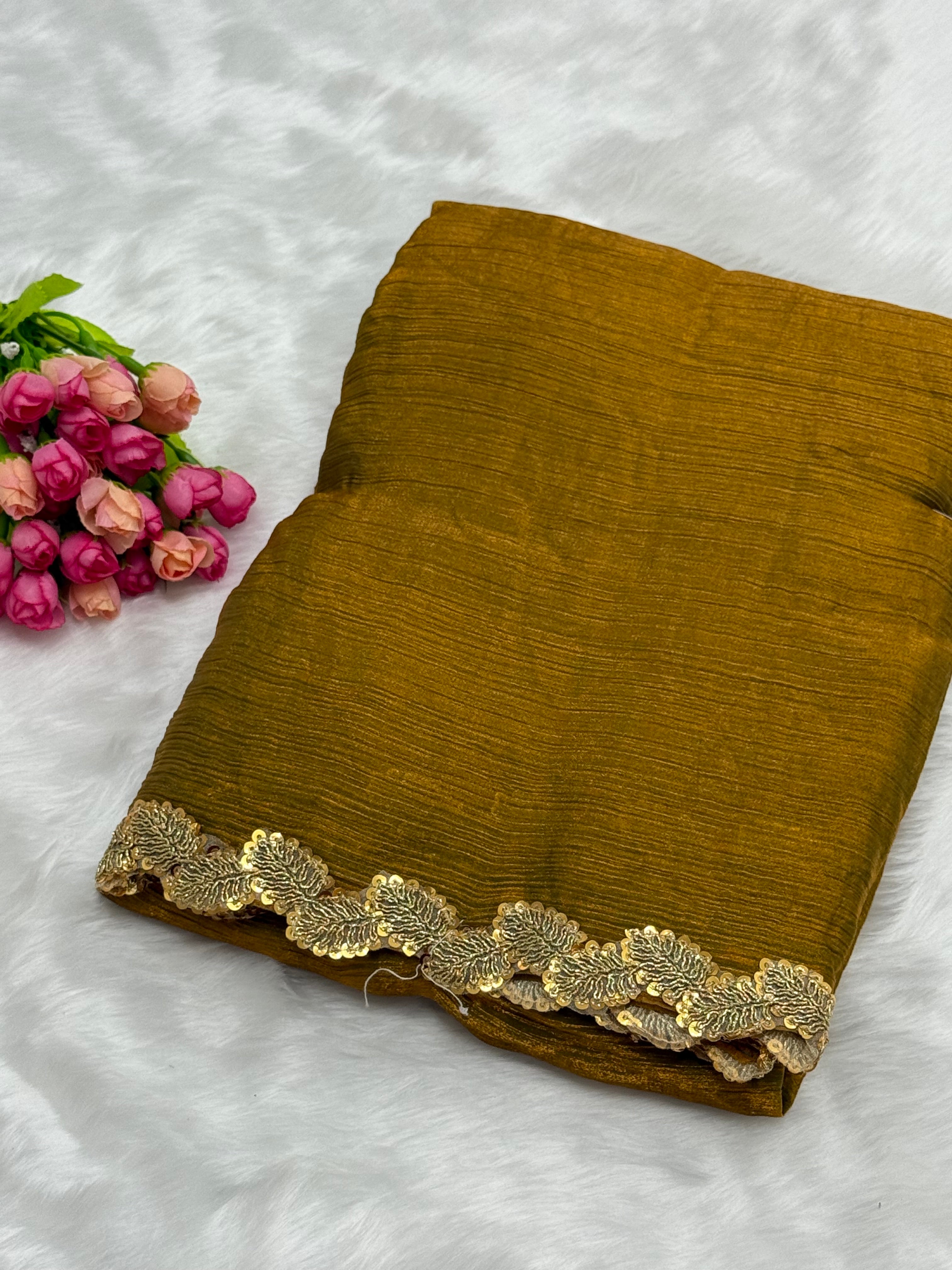 SPACE SILK FANCY SAREES - GREENISH GOLD