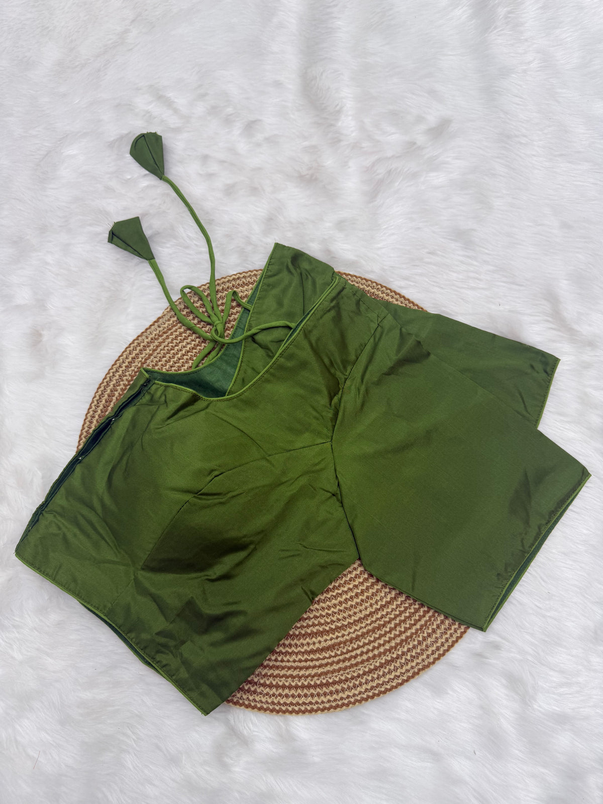 PLAIN SILK READY TO WEAR SAREE BLOUSE - OLIVE GREEN
