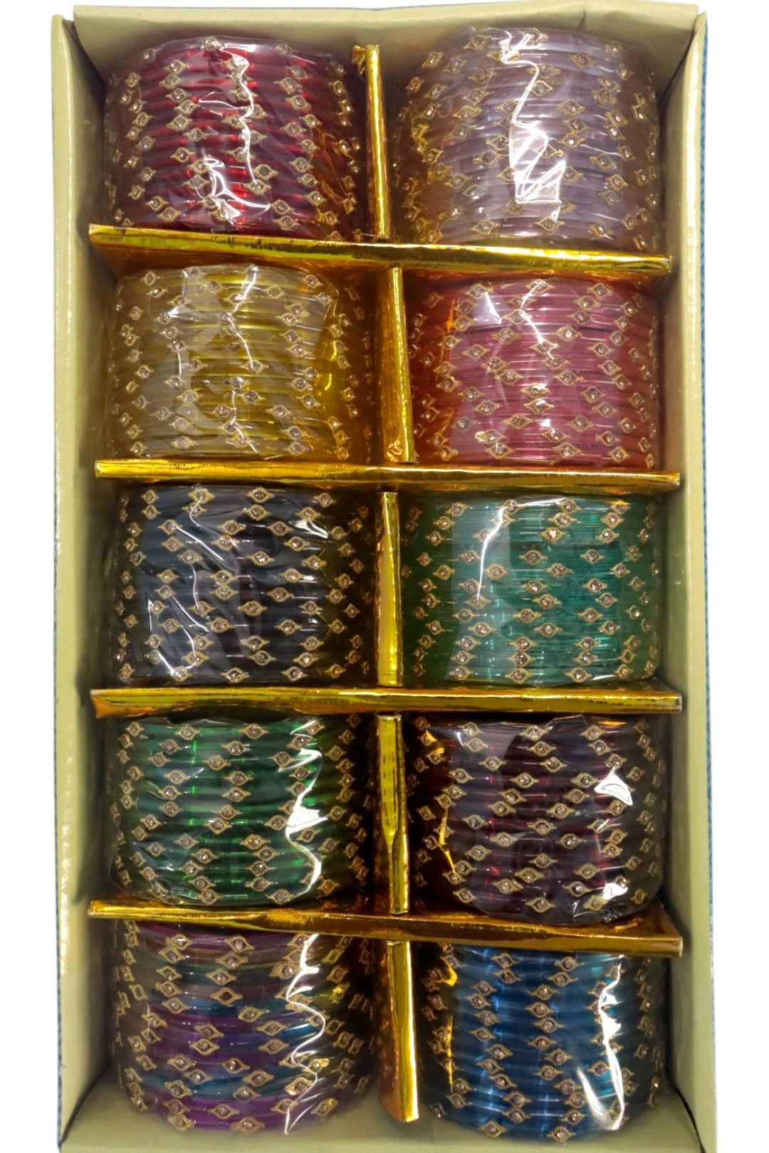 PREMIUM STONE WORK GLASS BANGLES - 10 COLOUR MIX(BOX OF 120PCS)