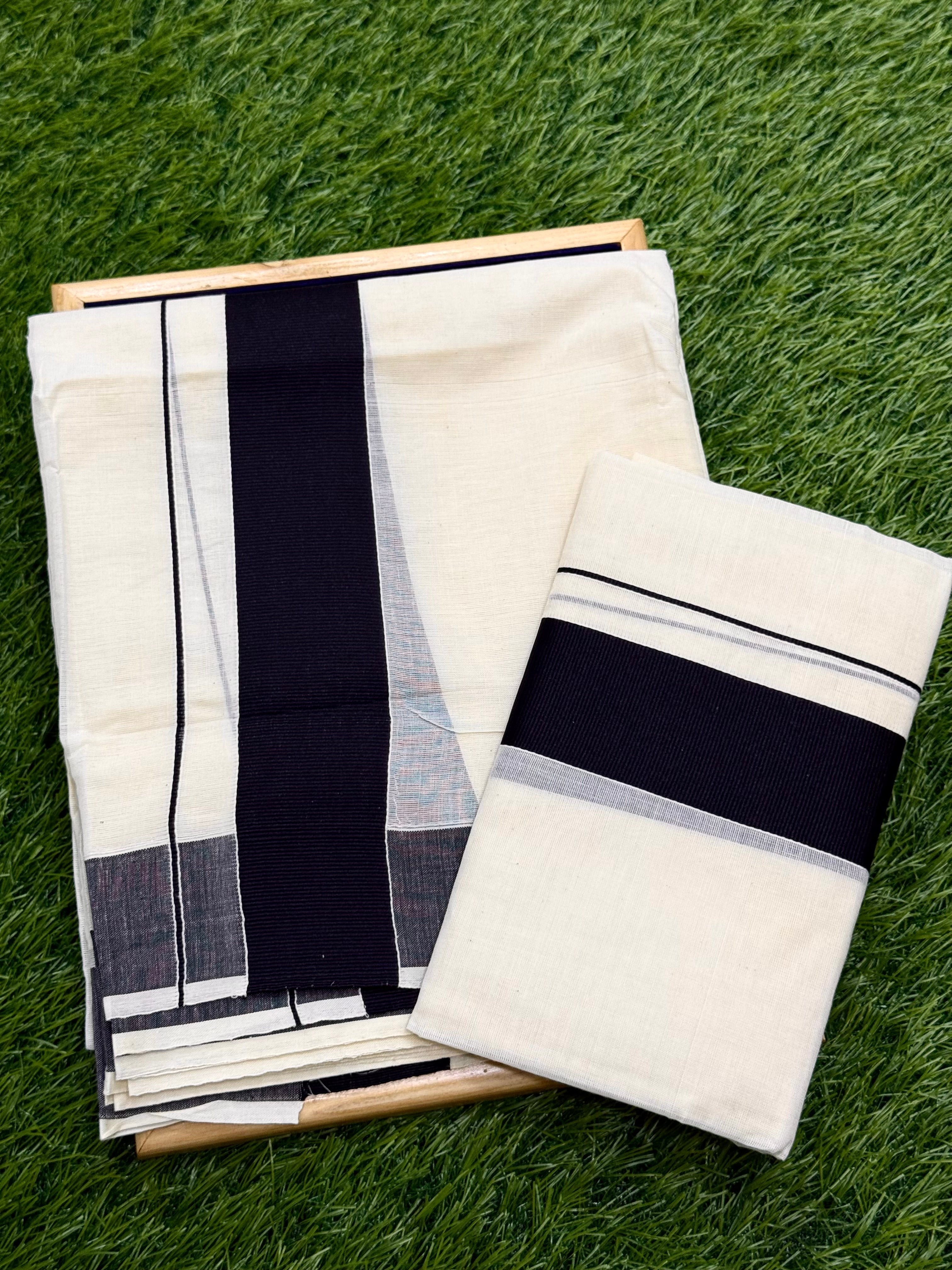 KASAVU COTTON KARA BORDER SINGLE SET MUNDU (MUNDUM NERIYATHUM) - 2 X 2.80 MTRS - BLACK