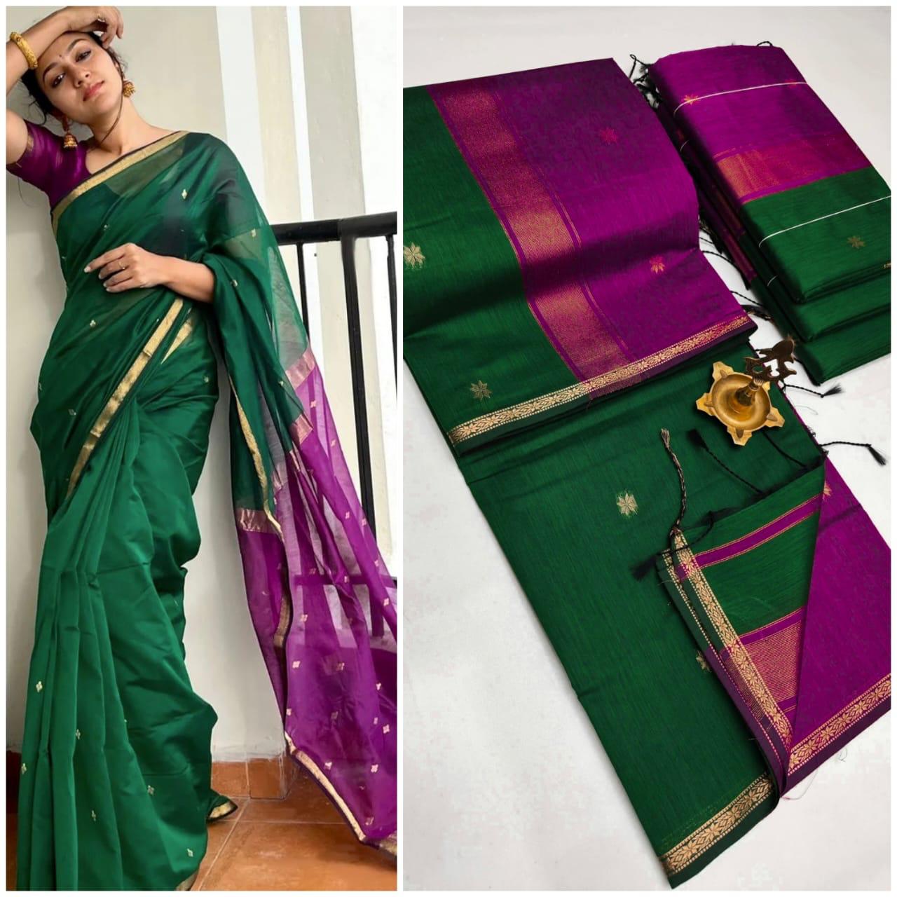 MAHESHWARI COTTON SILK SAREE - CASTLEON GREEN