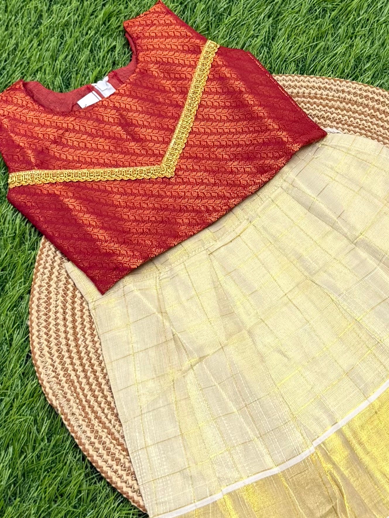 GIRL BABY  SILK TOP & KASAVU SKIRT - MAROON & CREAM
