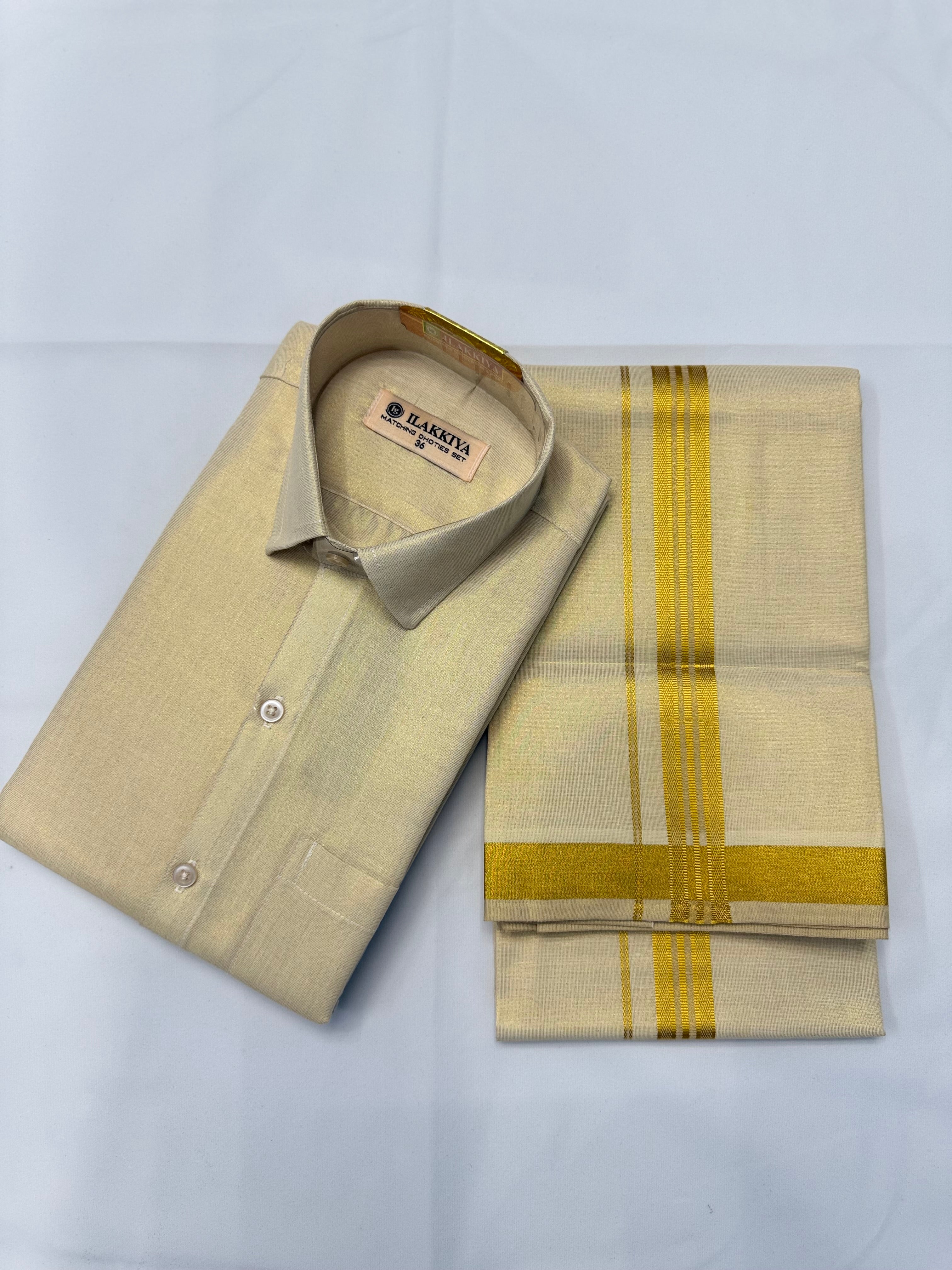 MEN'S PREMIUM TISSUE GOLD SINGLE DHOTI & SHIRT SET - CREAM