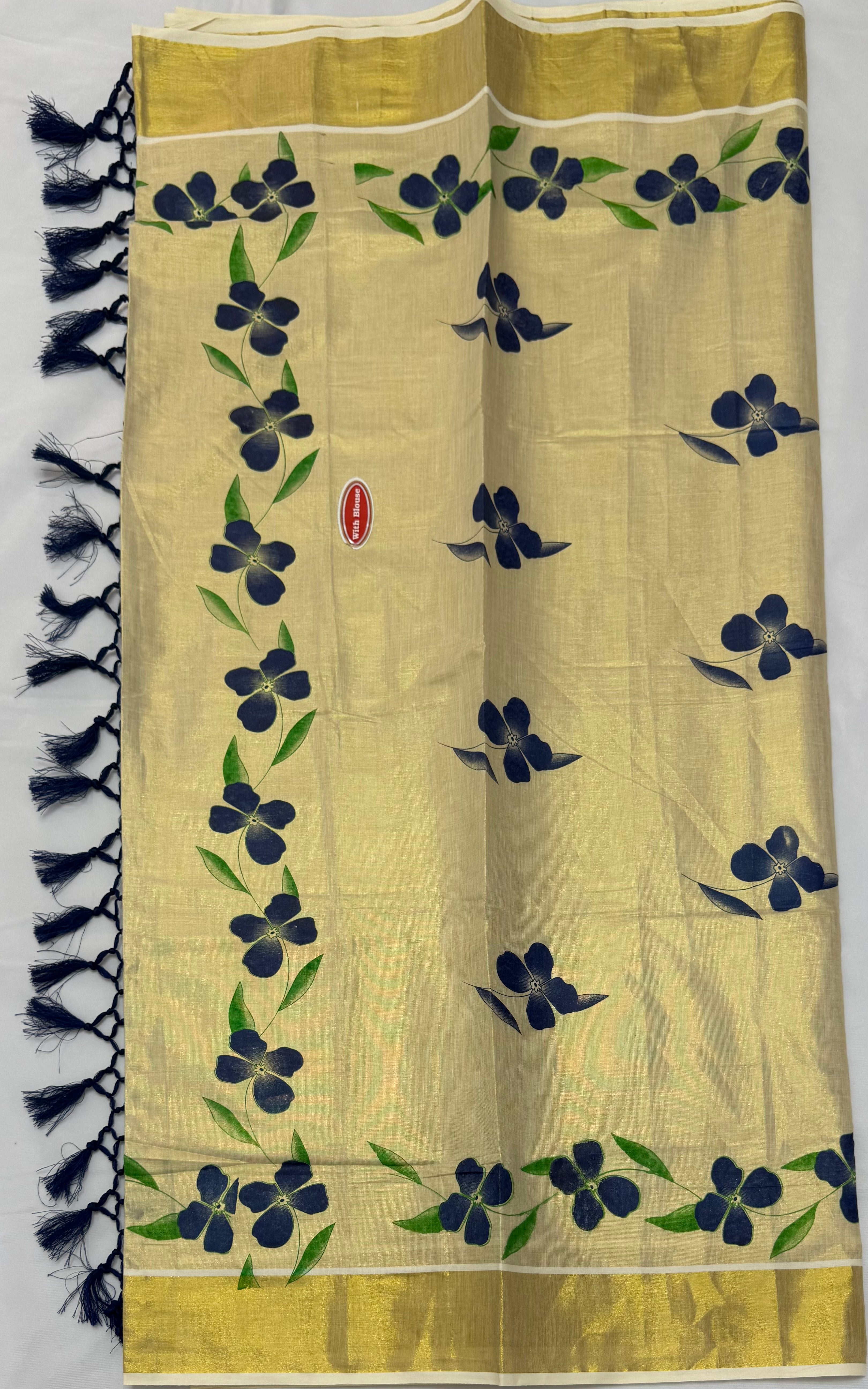FLORAL PRINTED KASAVU TISSUE SAREE WITH BLOUSE PIECE 1M - (GOLD,CREAM,BLUE)