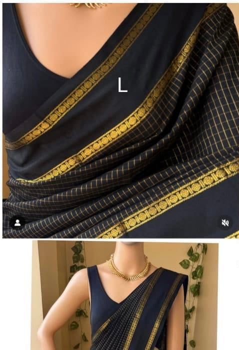 PREMIUM CHECKED COTTON SAREE - BLACK