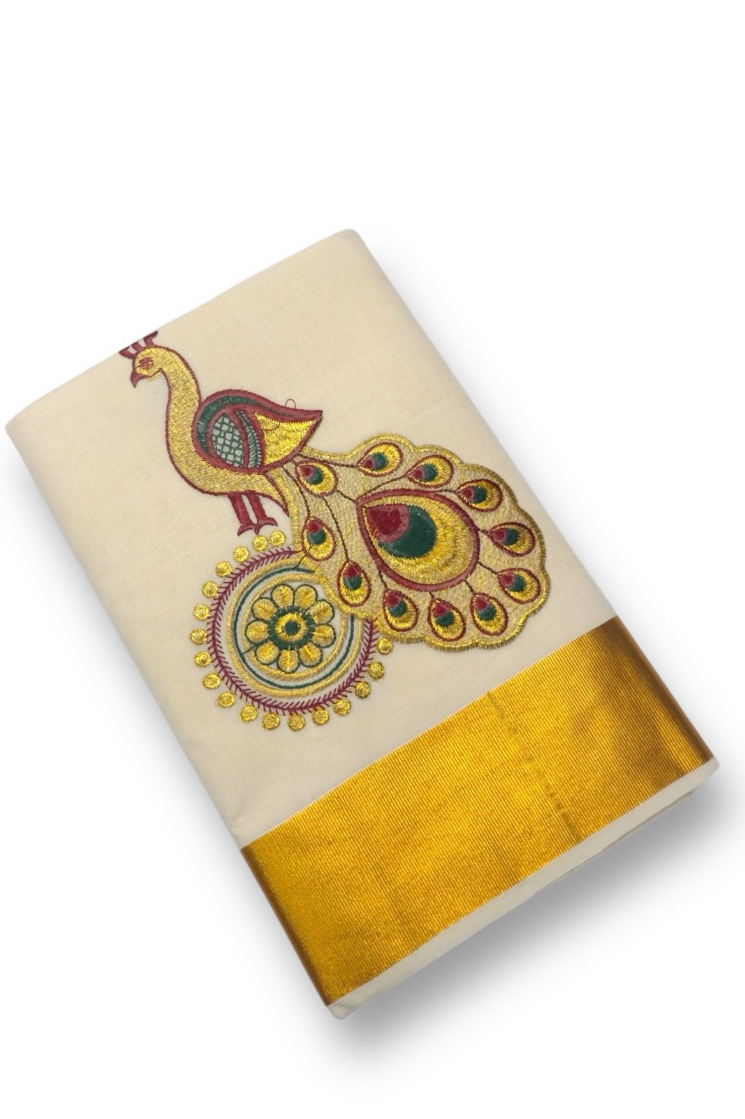 KERALA FANCY PEACOCK EMBROIDERY SAREE (GOLD,BEIGE)