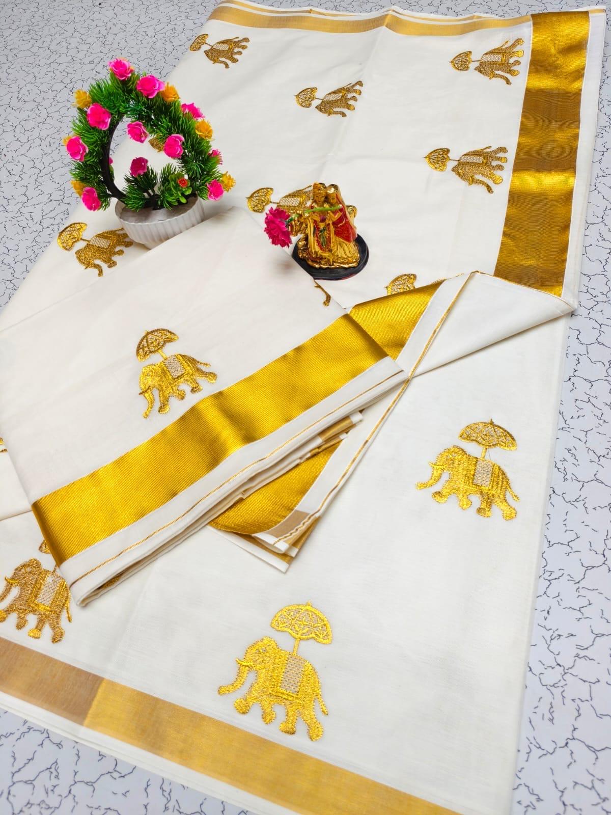 EMBROIDERED KERALA KASAVU COTTON SAREE(GOLD)