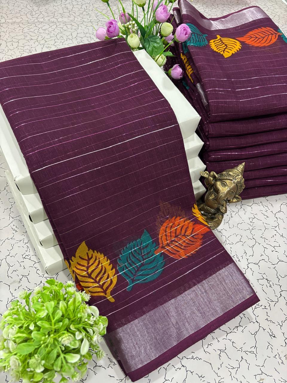 FANCY LINEN COTTON SAREES - EGGPLANT