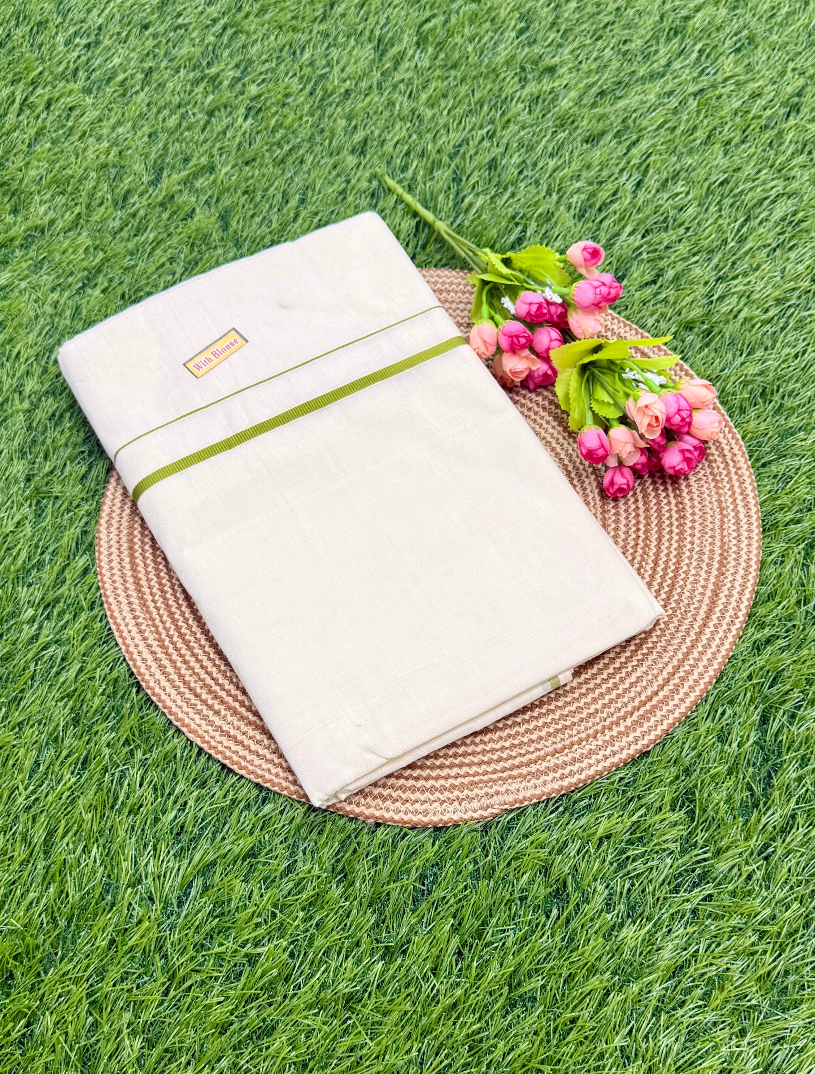 KERALA KASAVU SOLID/PLAIN PURE COTTON SAREE - OLIVE GREEN