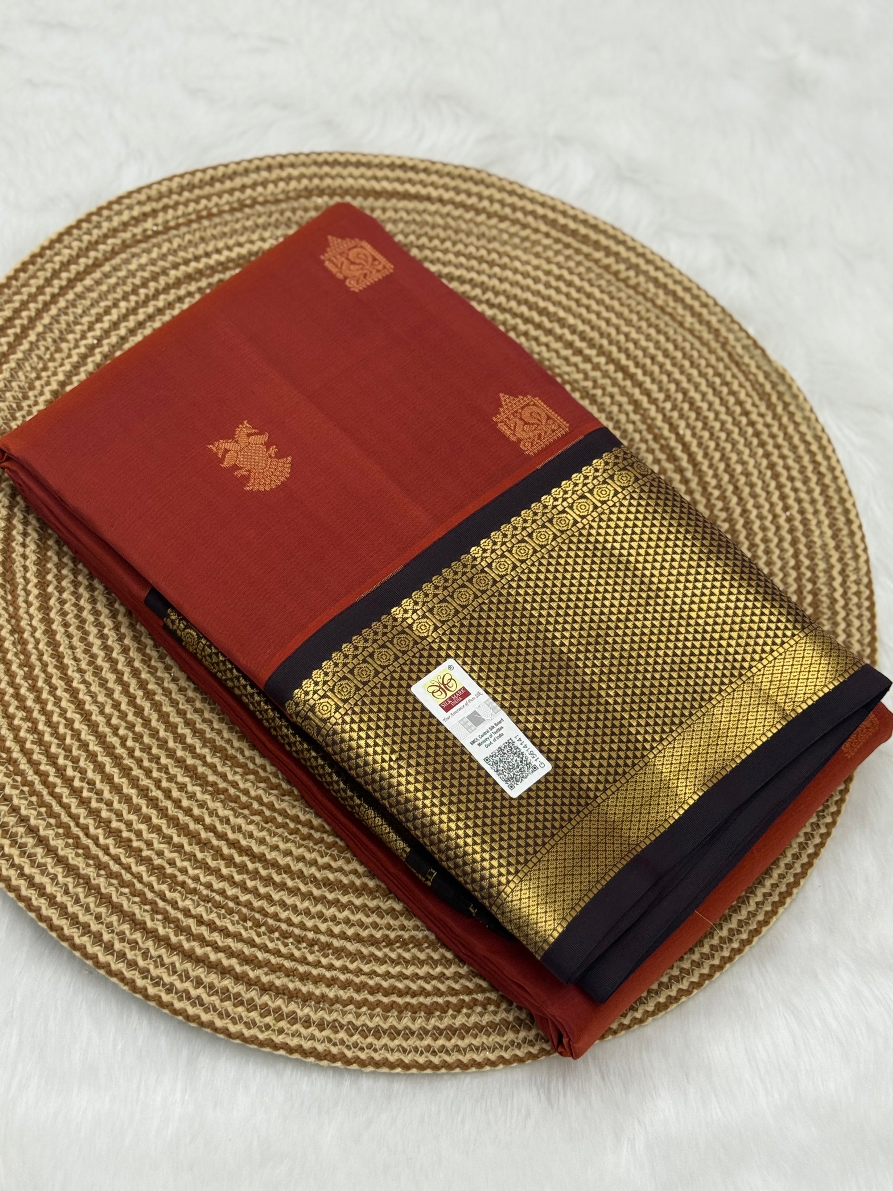 KANCHIPURAM PURE SILK SAREE | SILKMARK® CERTIFIED - RUST ORANGE