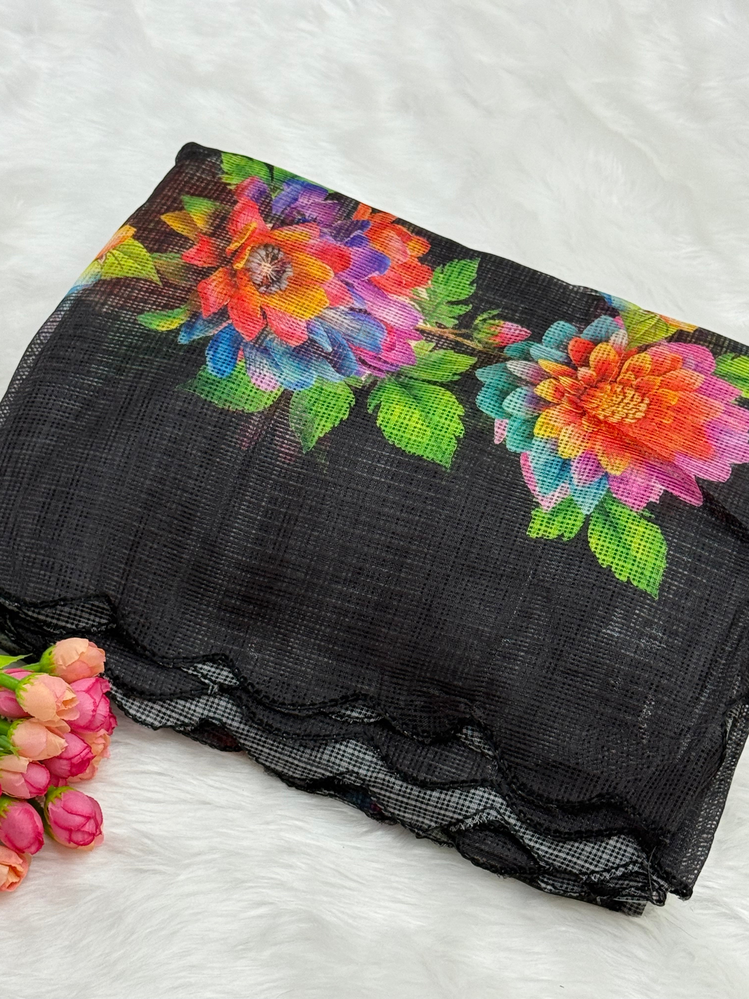 FANCY CHANDERI COTTON SILK SAREE - BLACK