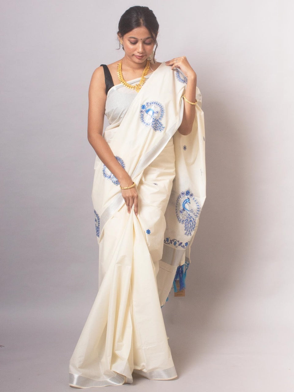 KERALA FANCY PEACOCK EMBROIDERY SAREE (BEIGE,BLUE)