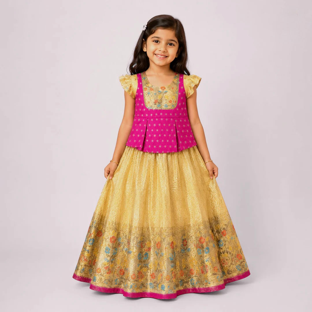 DESIGNER YELLOW PINK PATTU PAVADAI