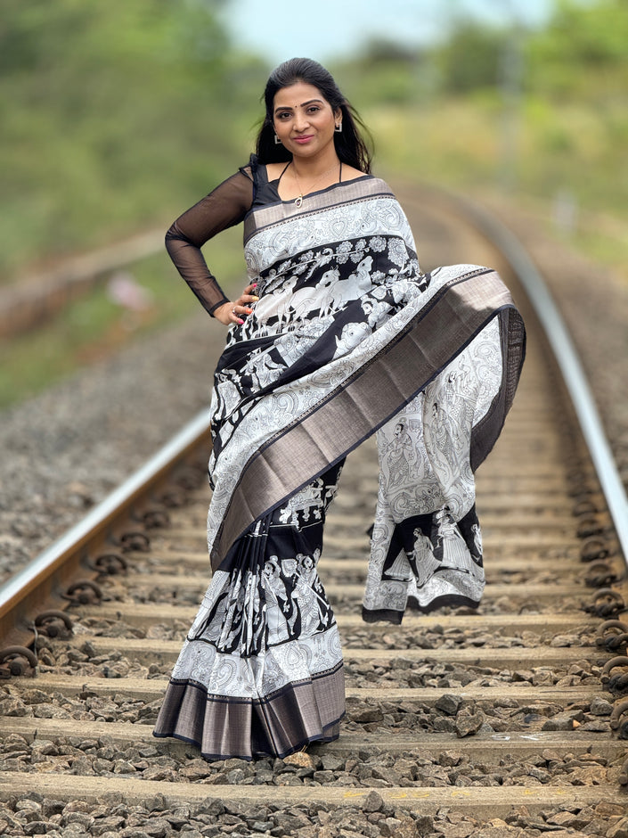 STUNNING DOLLA SILK SAREE - BLACK AND WHITE