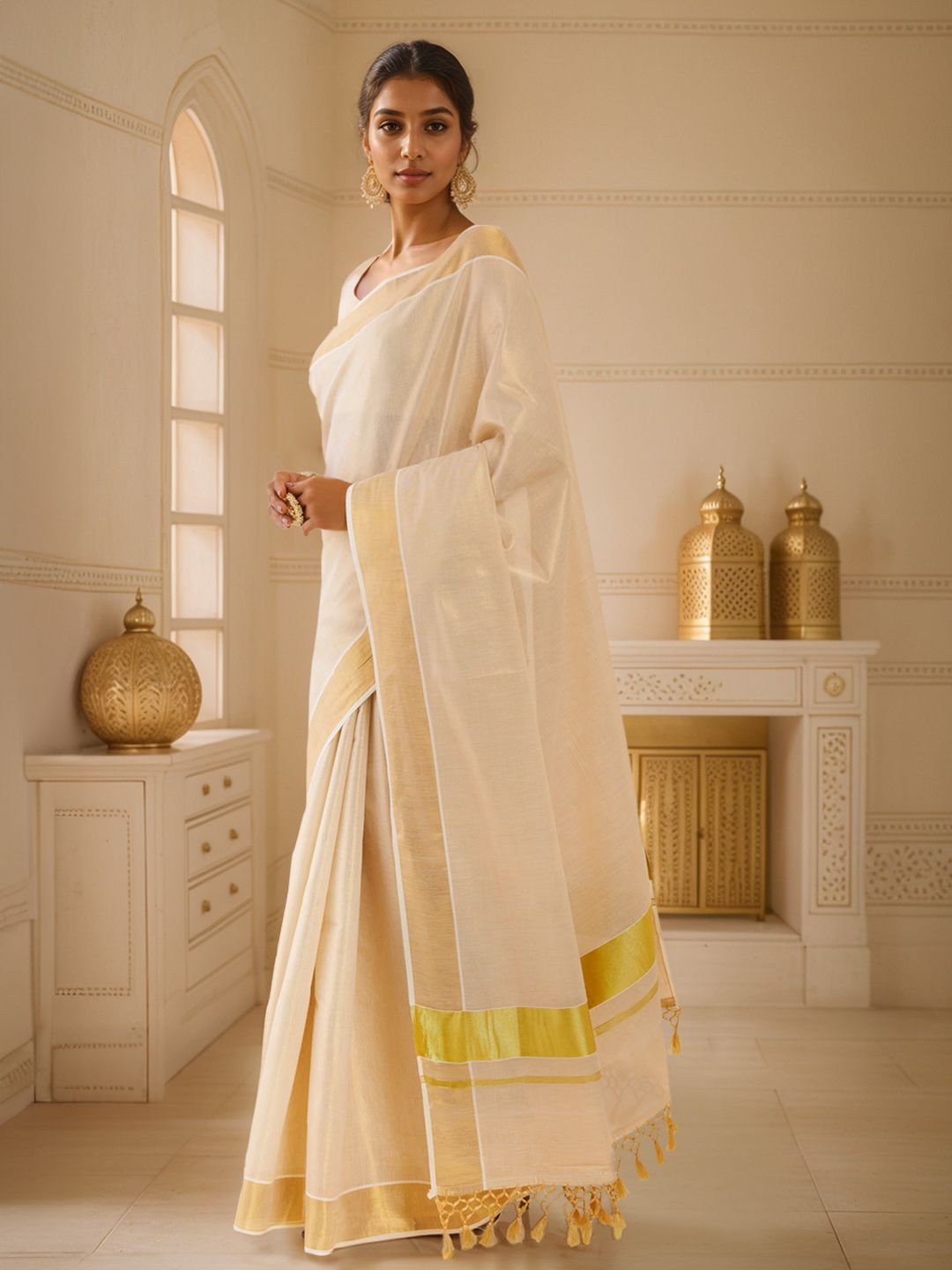 KASAVU PLAIN TISSUE SAREE - GOLD