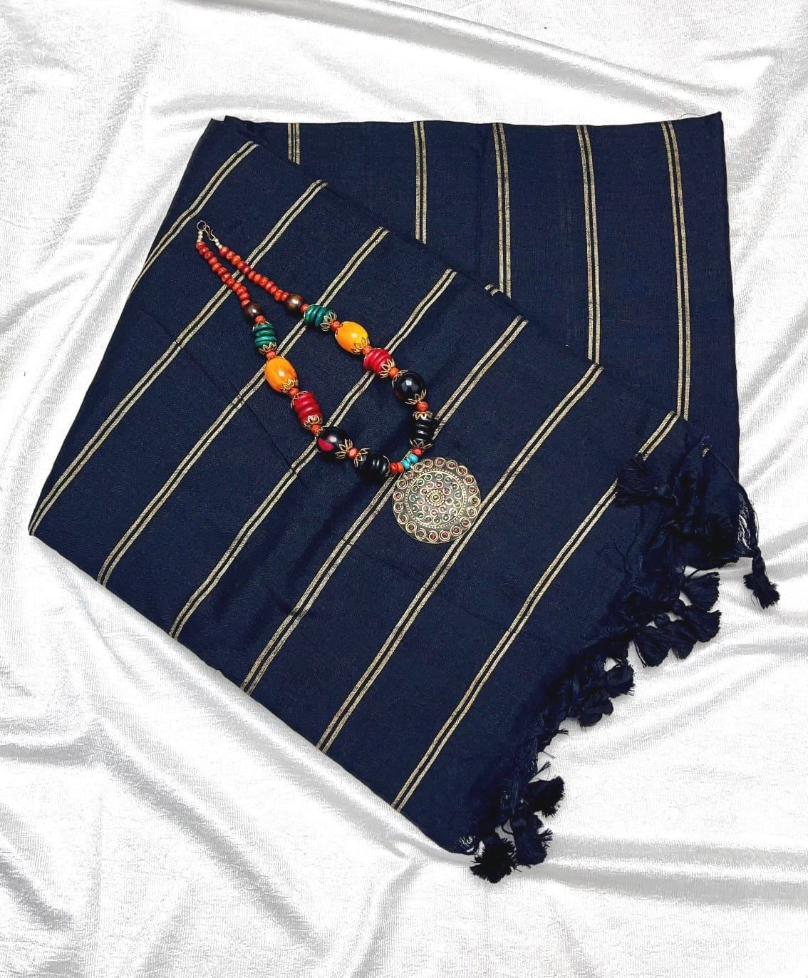 PREMIUM DUAL STRIPE KHADI COTTON SAREES - BLACK