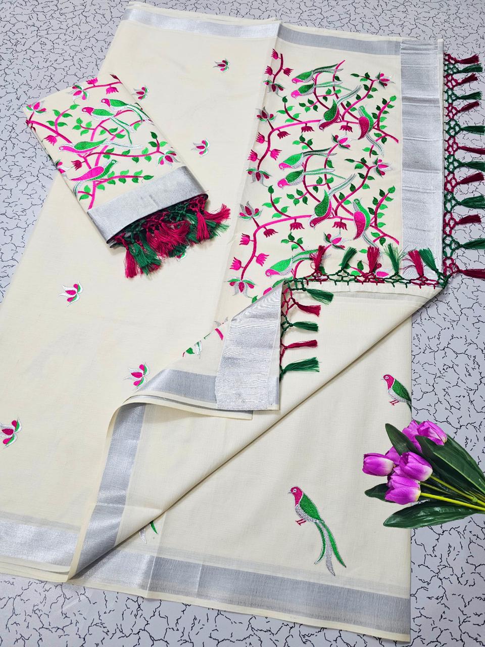 KERALA KASAVU EMBROIDERED COTTON SAREE - SILVER