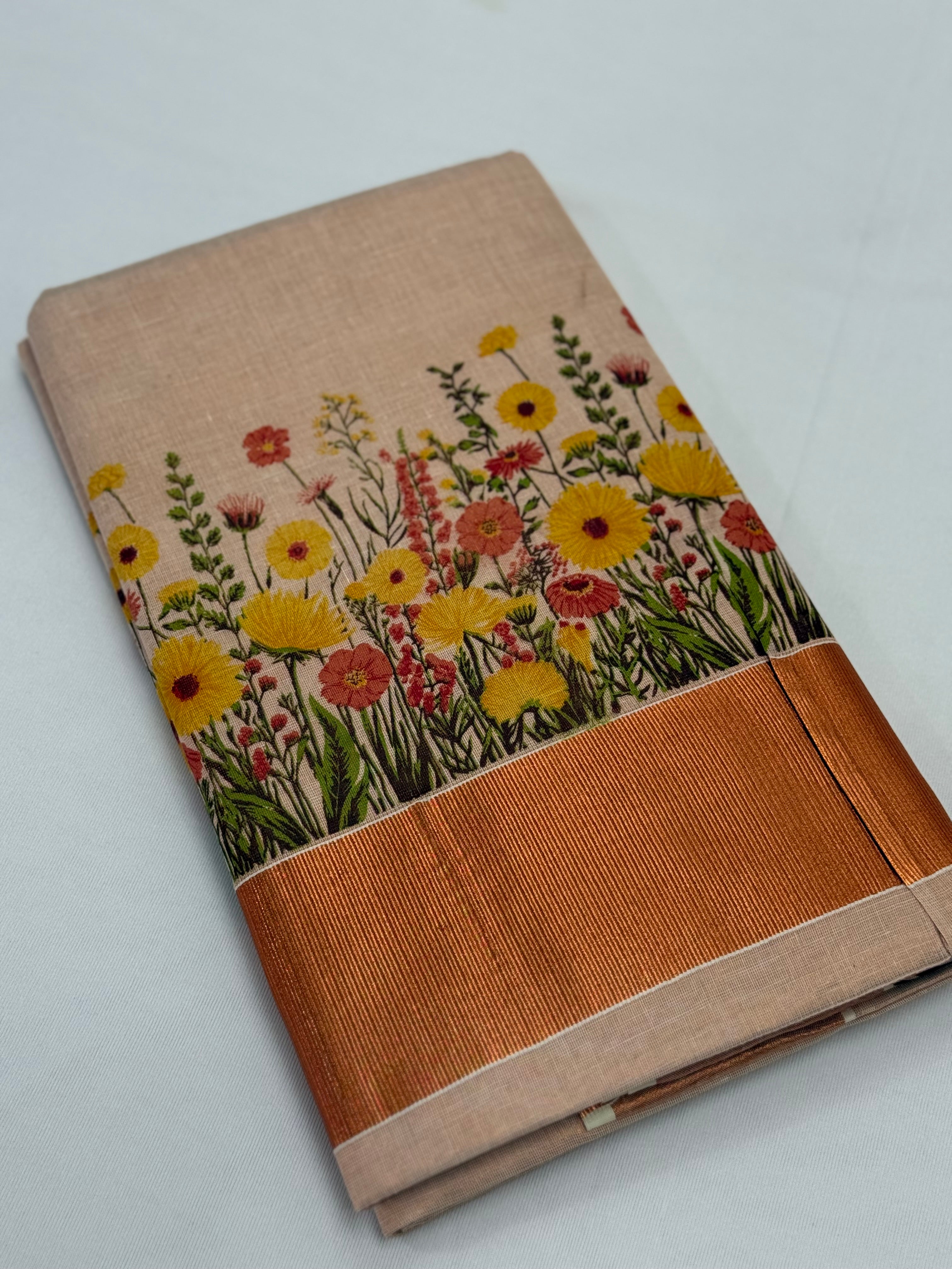 MURAL PAINTED/PRINTED KASAVU TISSUE SAREE (COPPER)