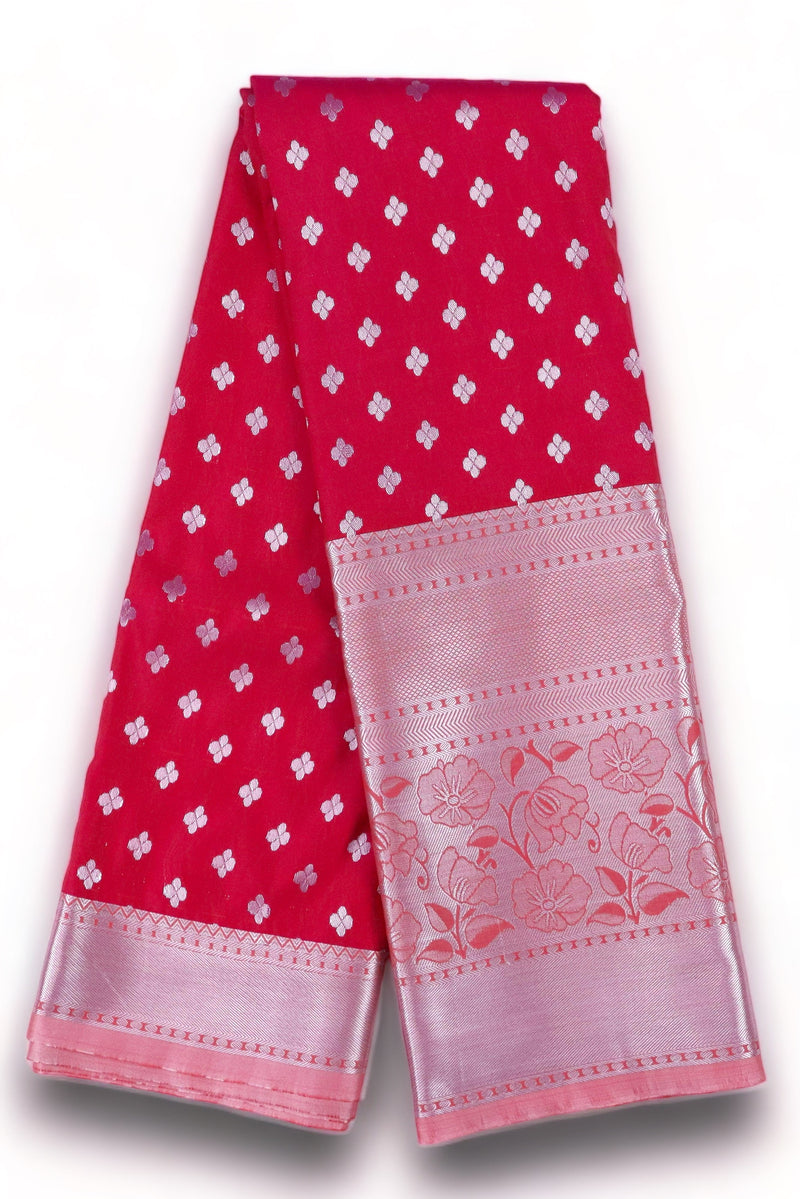 RUBY PINK ART SILK SAREE WITH SILVER ZARI WIDE BORDER