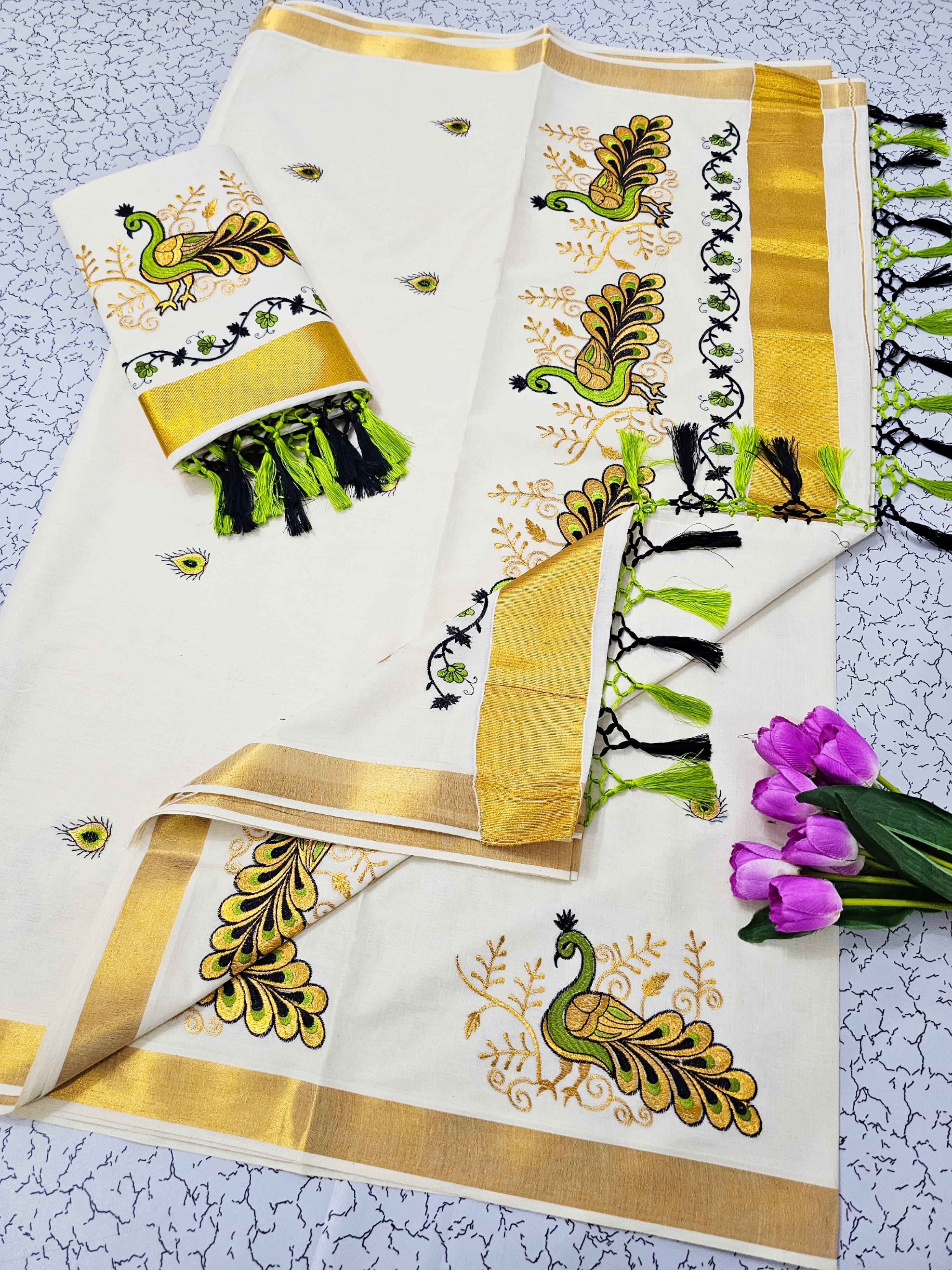 KERALA FANCY PEACOCK EMBROIDERY SAREE (GOLD,BEIGE)