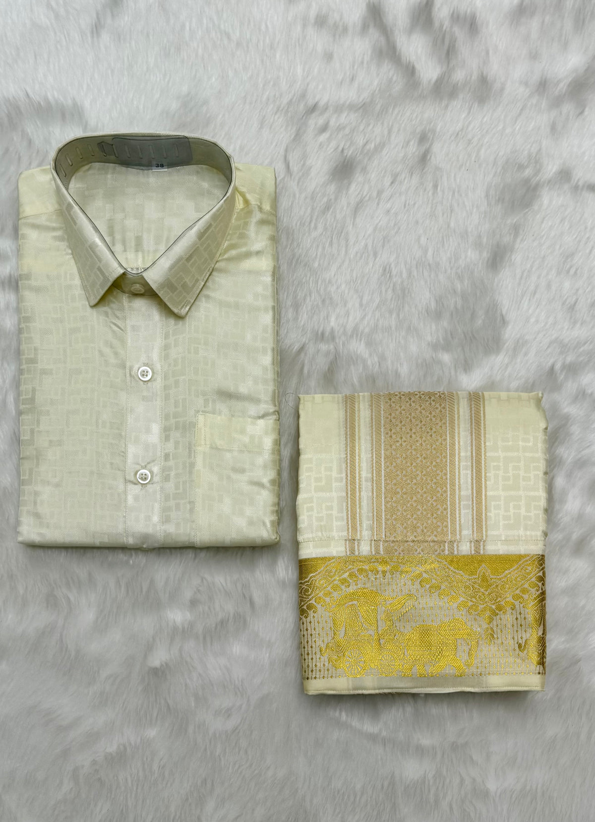 CREAM COLOURED SEMI SILK WEDDING SHIRT, DHOTI, FEATURING A GOLD ZARI BORDER - VELCRO