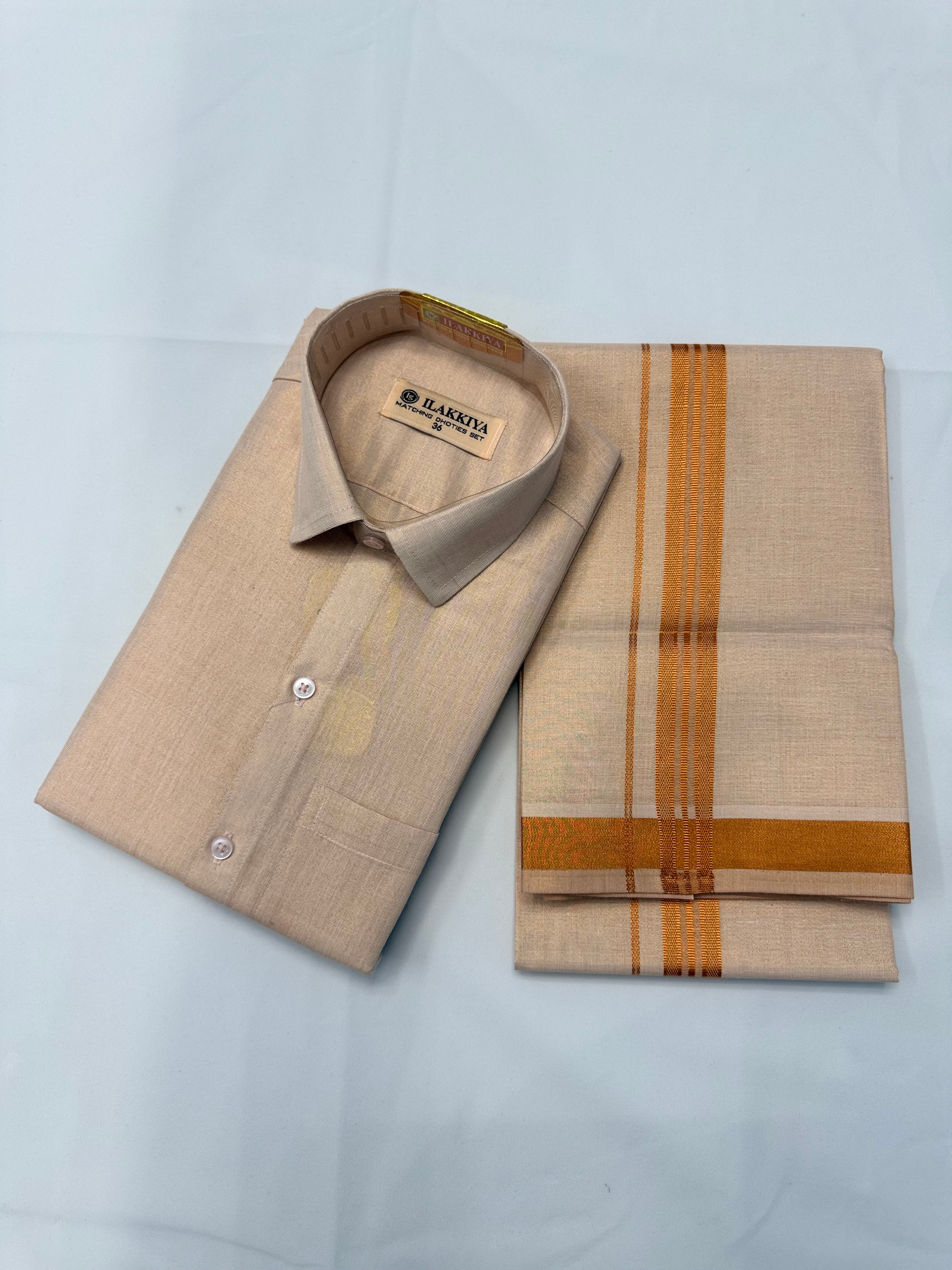 MEN'S PREMIUM TISSUE COPPER SINGLE DHOTI & SHIRT SET - CREAM