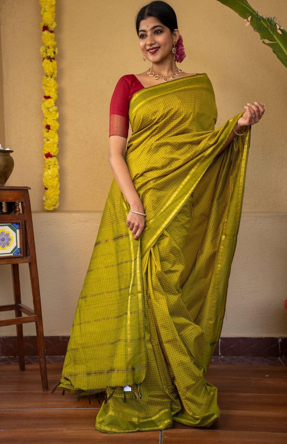 PREMIUM CHECKED COTTON SAREE - YELLOW GREEN