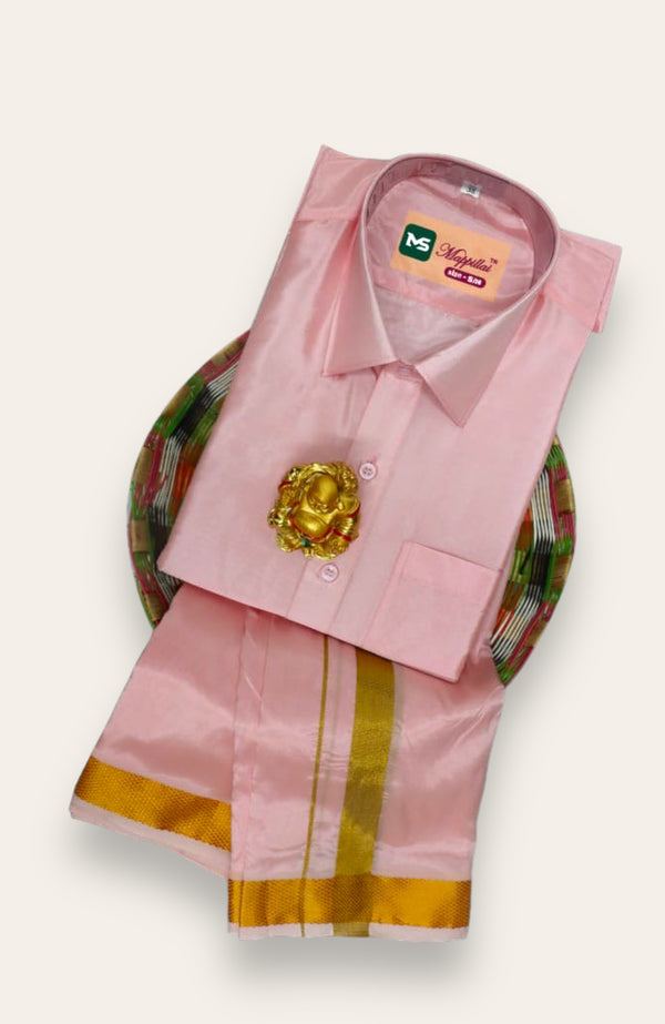 MEN'S PREMIUM SILK VELCRO DHOTI SHIRT SET - PASTEL PINK