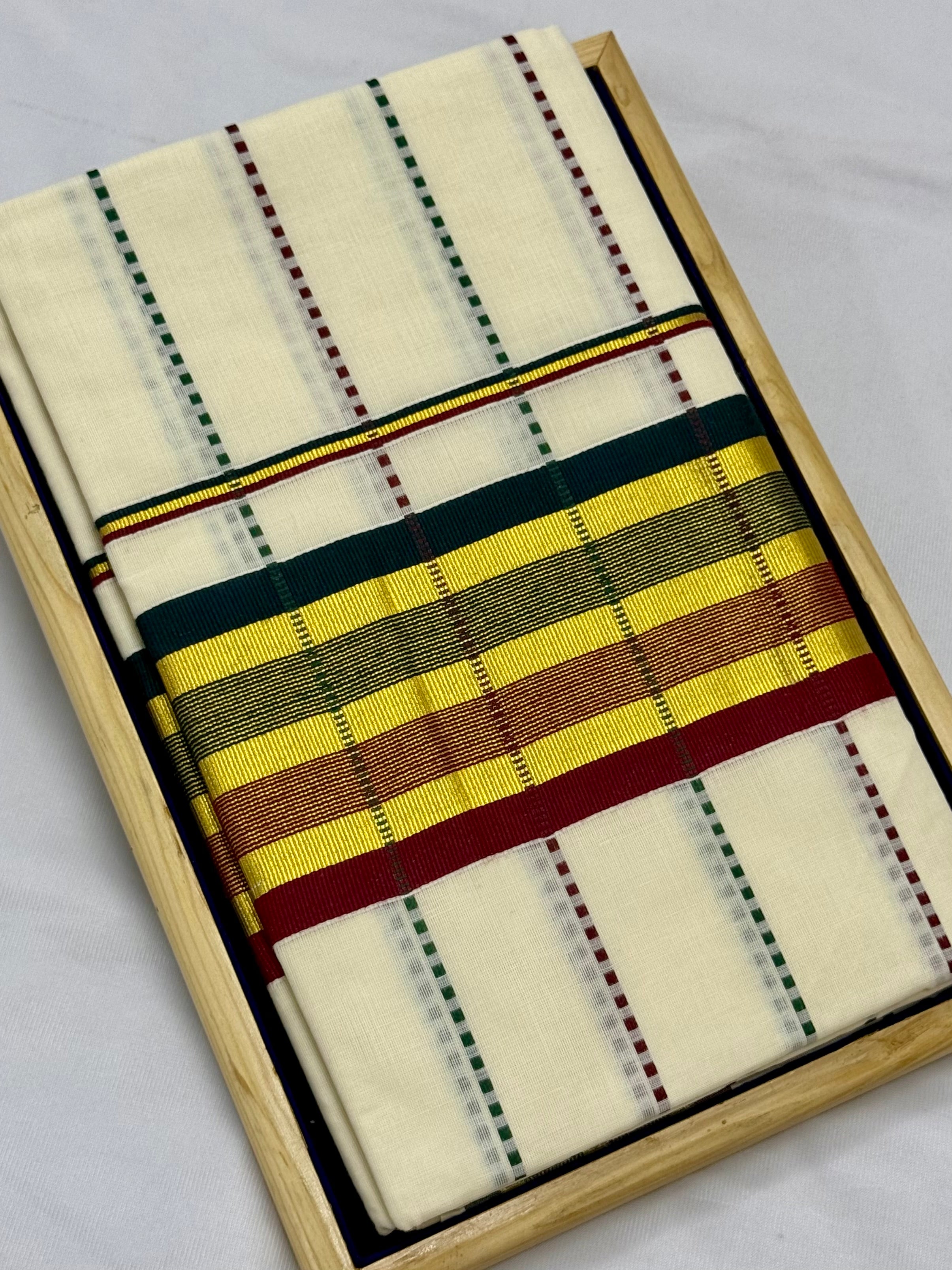MULTICOLOUR DOTTED STRIPES KASAVU COTTTON SAREE