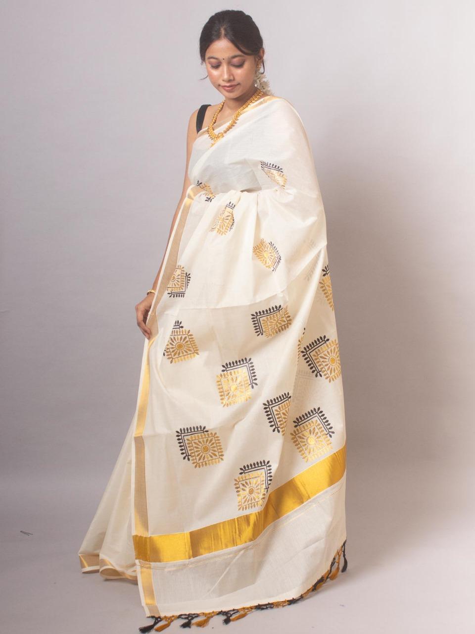 KERALA KASAVU EMBROIDERY COTTON SAREE (GOLD,BLACK)
