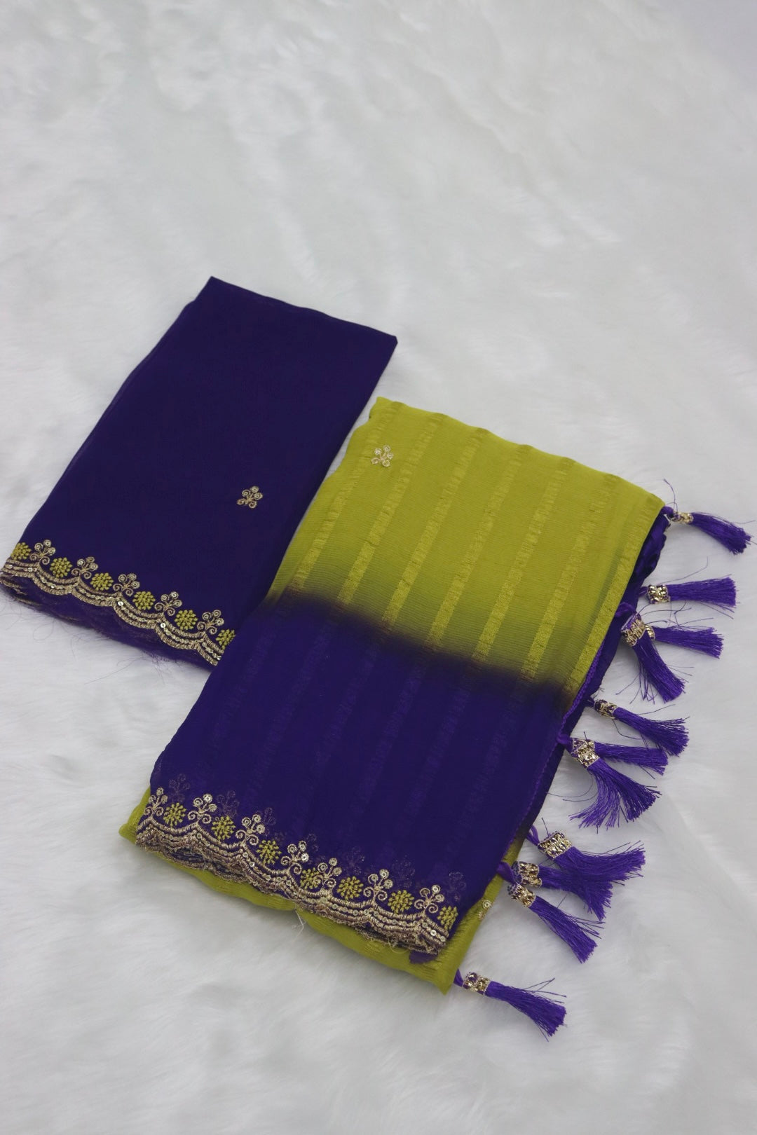 DESIGNER CHIFFON SAREE WITH BLOUSE PIECE - GREEN & PURPLE