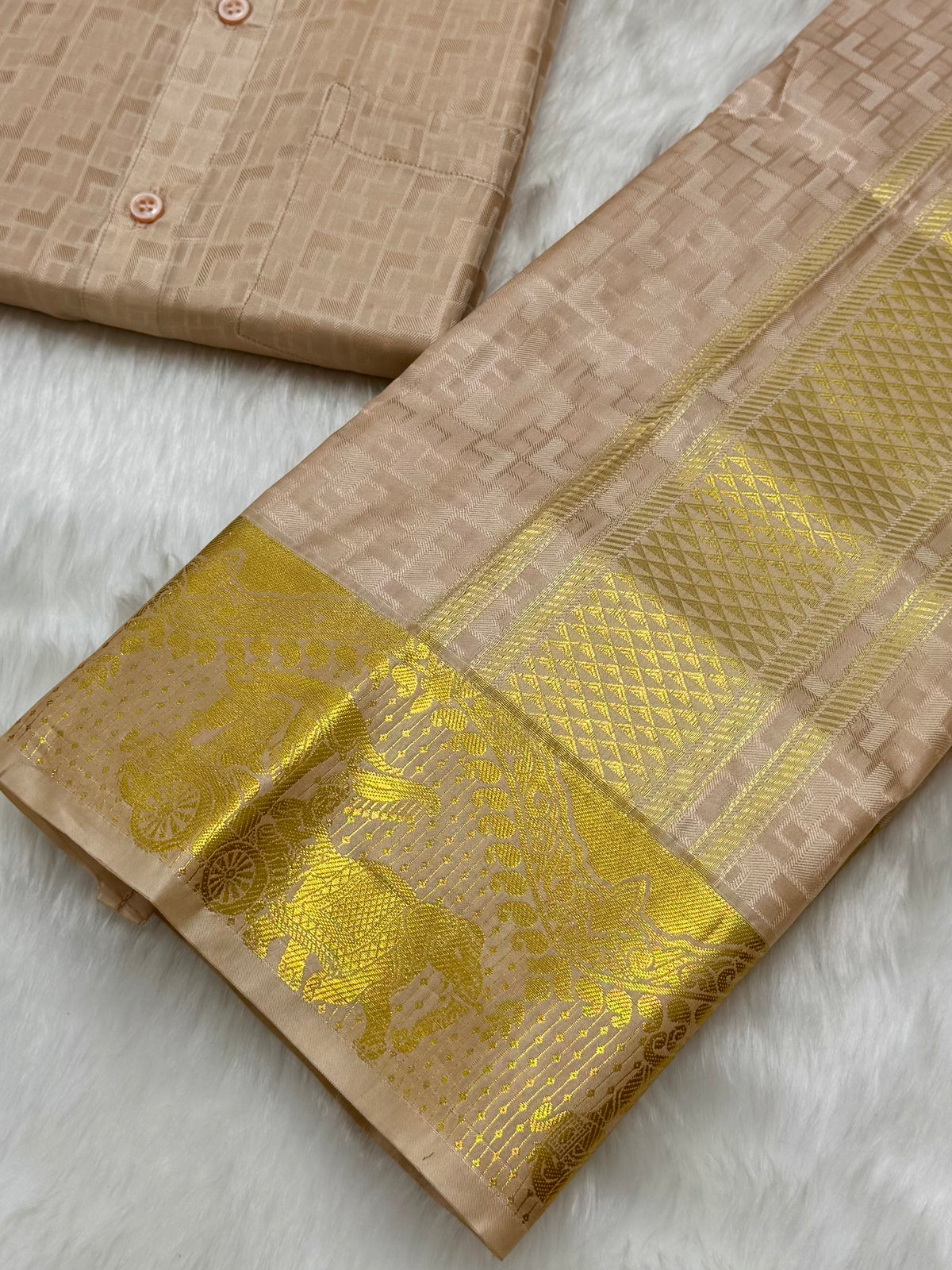 COPPER COLOURED SEMI SILK WEDDING SHIRT, DHOTI, FEATURING A GOLD ZARI BORDER - VELCRO