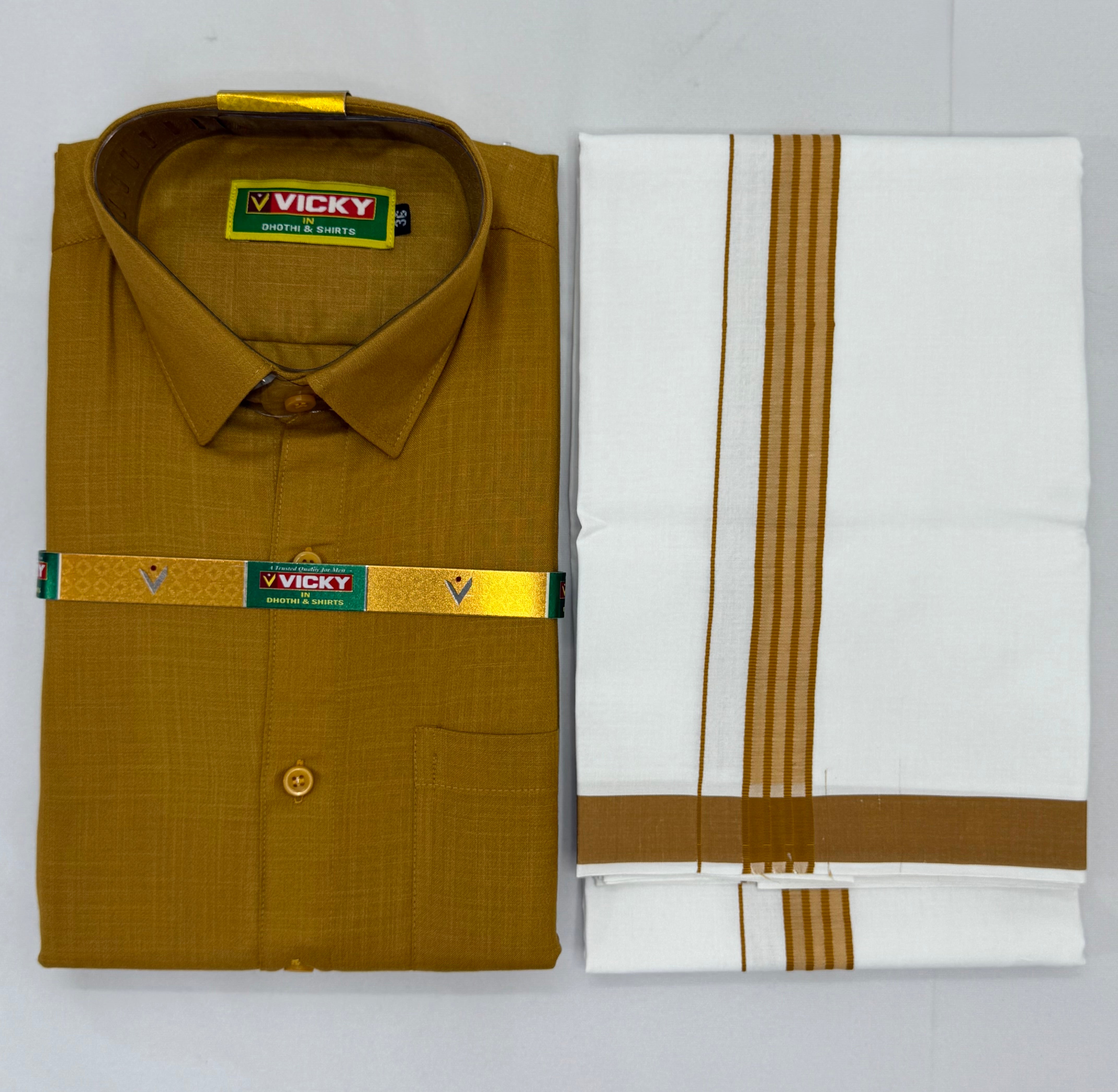 MEN'S MATCHING FANCY BORDER SINGLE DHOTI & SHIRT SET - MUSTARD