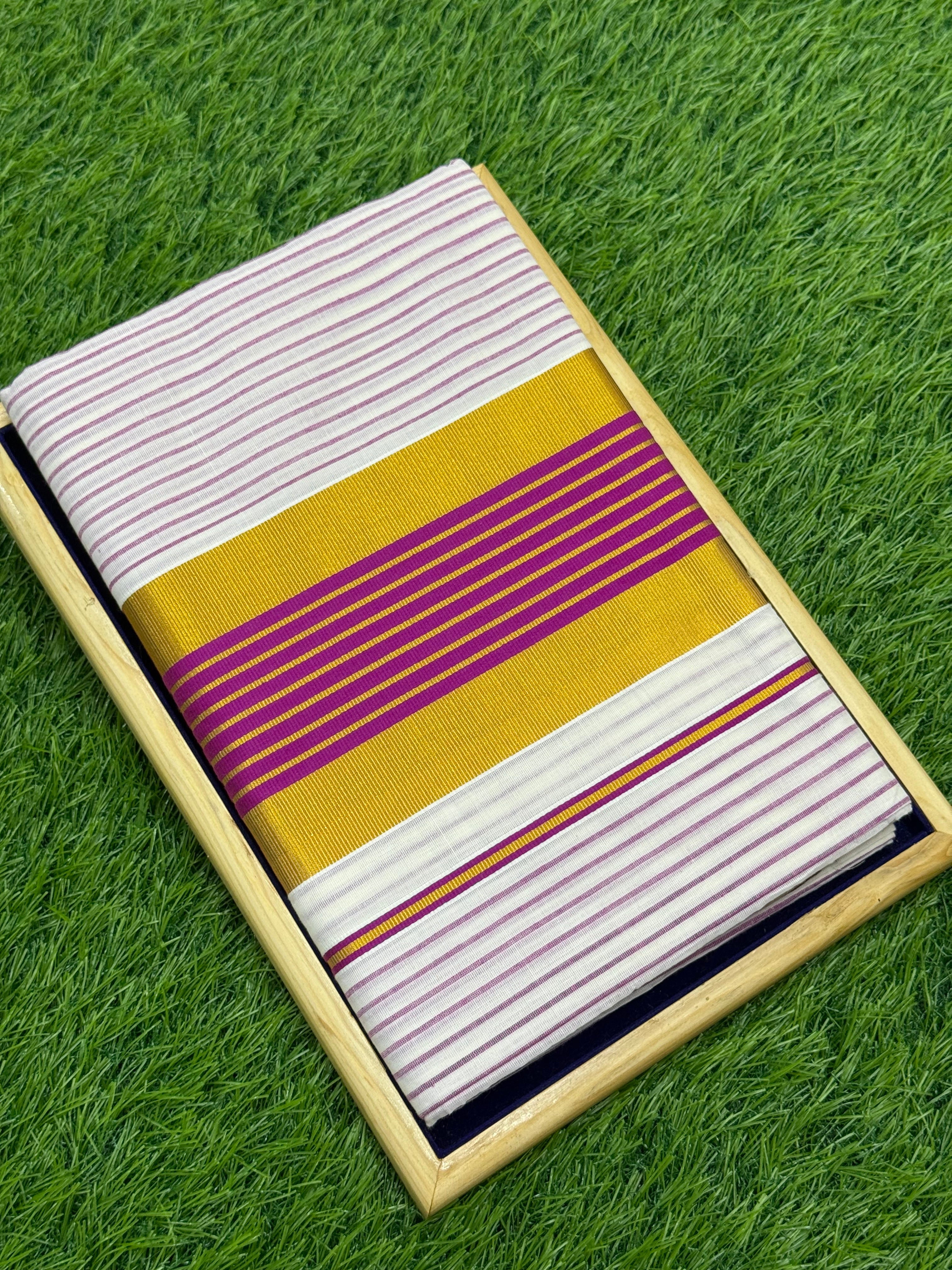 KERALA STRIPES KASAVU COTTON SAREE - (GOLD,PINK,OFF WHITE)