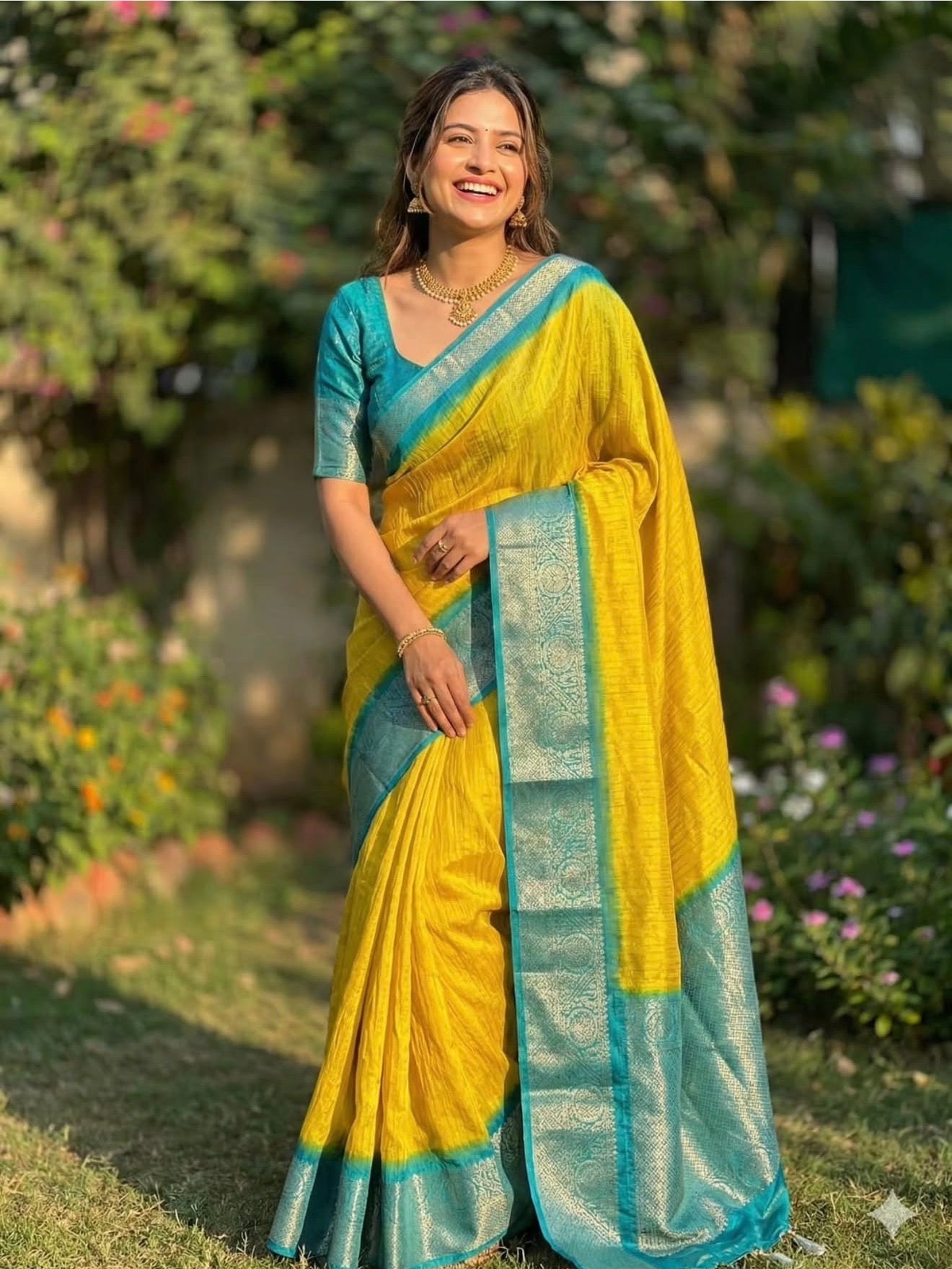 FANCY DOLLA SILK SAREE - YELLOW AND TEAL