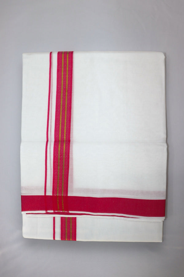 MEN'S DOUBLE DHOTI WHITE WITH FANCY BORDER - PINK