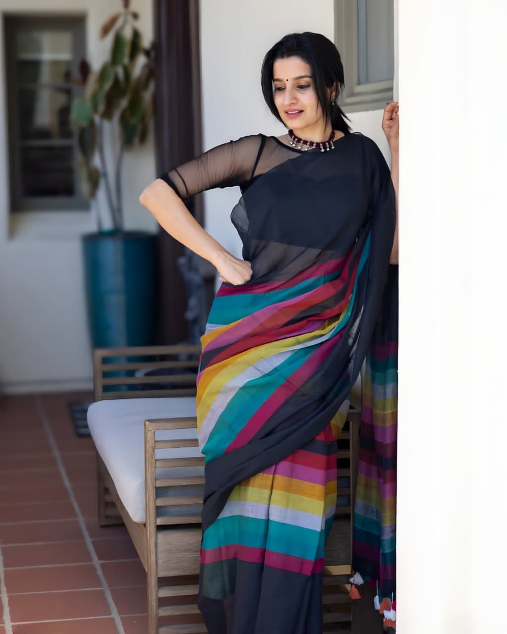 TRENDY MULTICOLOUR CHECKED TYPE SAREE