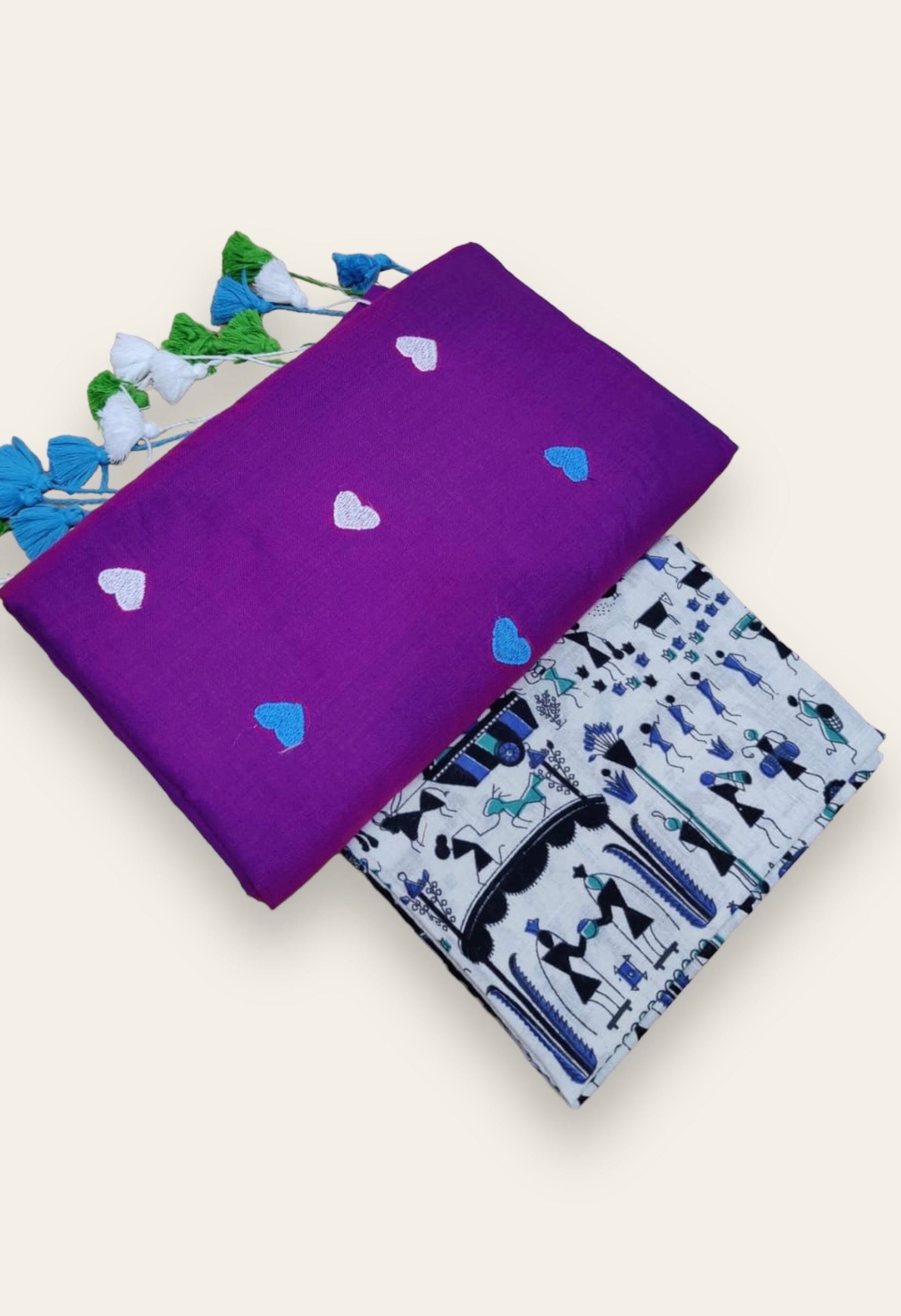 MULTICOLOUR LOVE EMBROIDERY KHADI COTTON SAREE - VIOLET