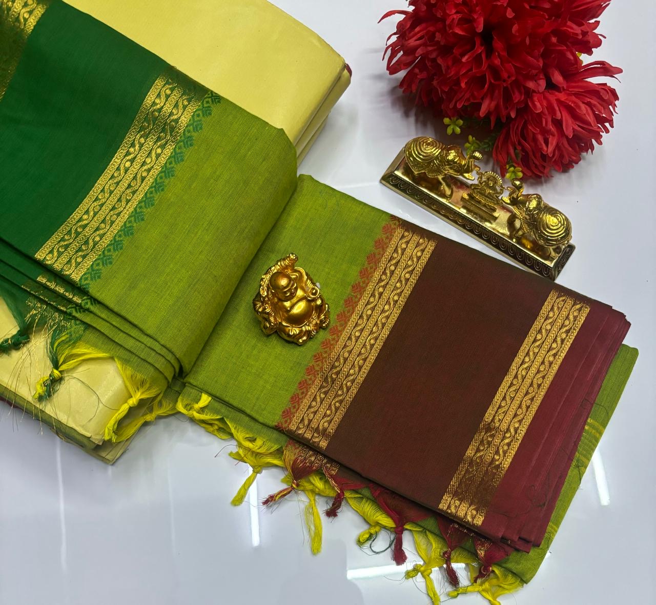 PURE  KANCHI COTTON SAREES - PEAR GREEN