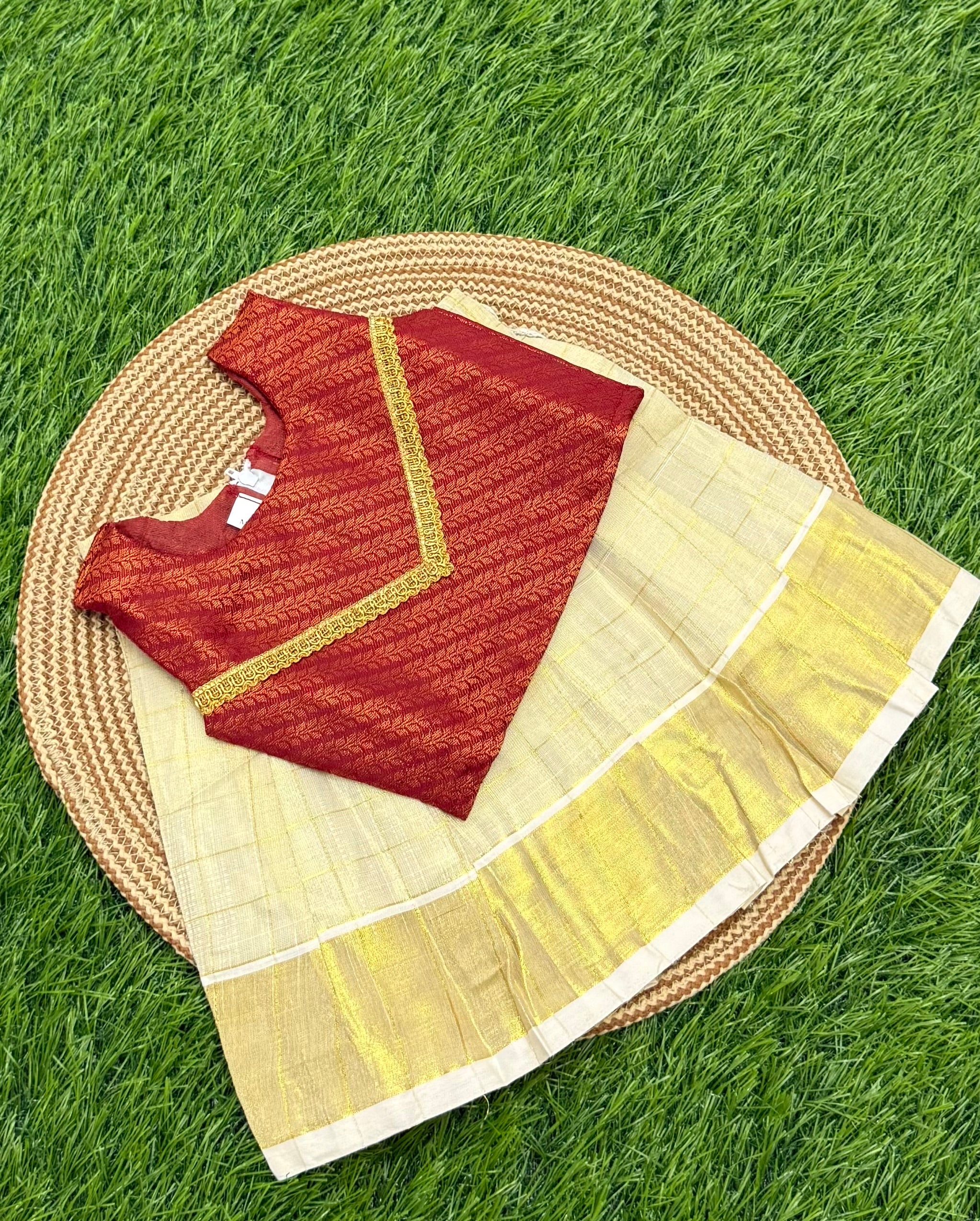 GIRL BABY  SILK TOP & KASAVU SKIRT - MAROON & CREAM