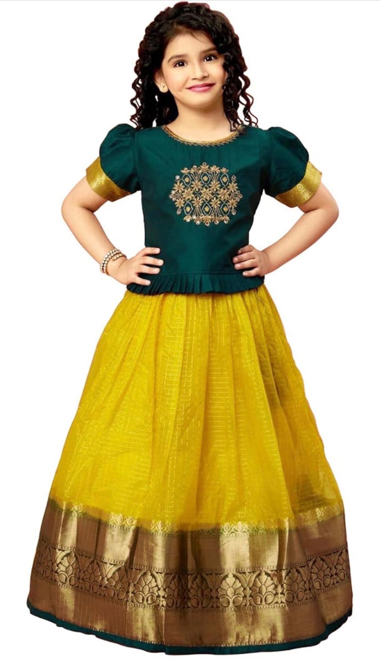 GIRL'S TISSUE CHECKS  READYMADE PATTU PAVADAI/LEHENGA CHOLI - GREEN & YELLOW