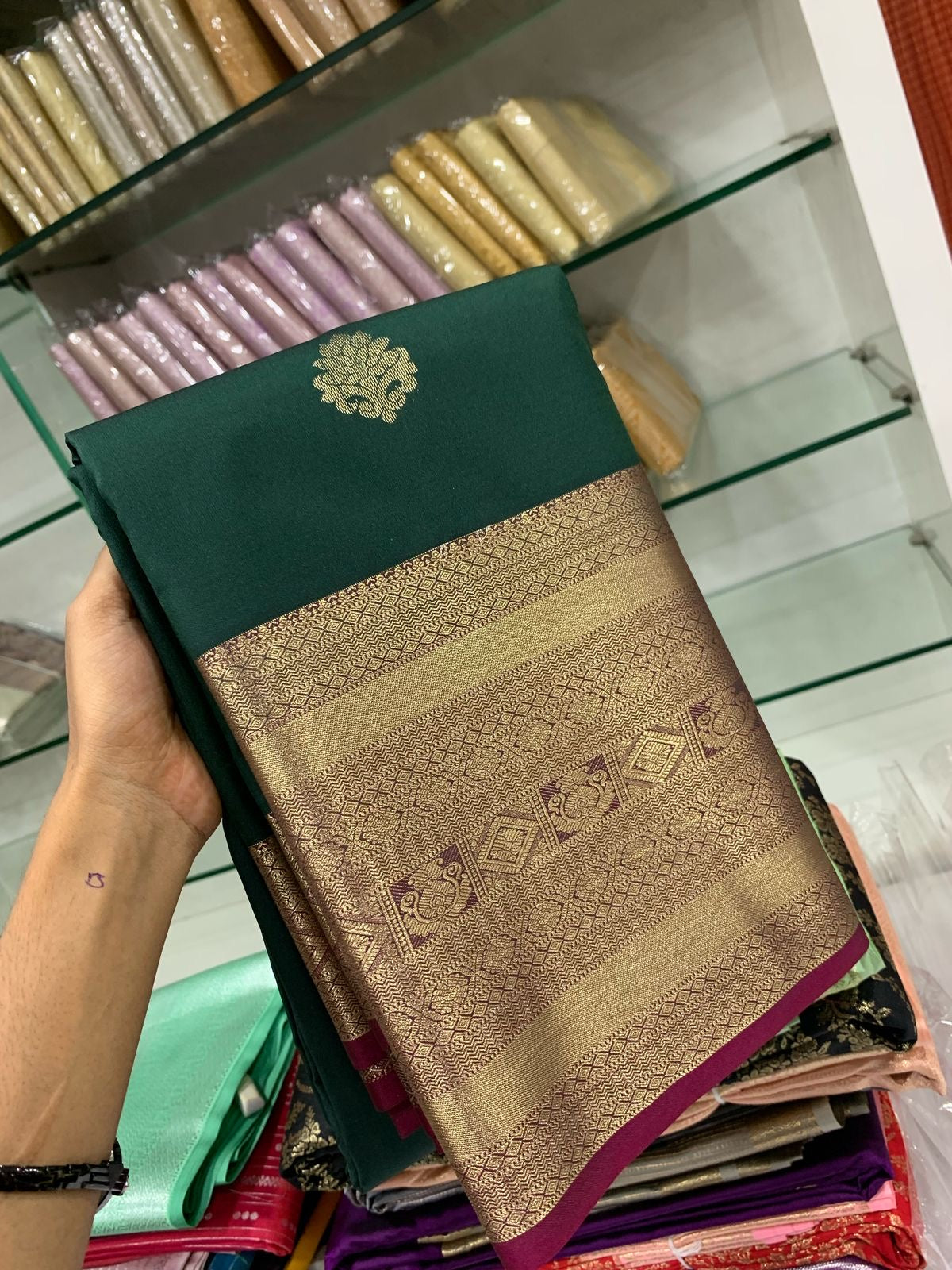 SEMI KANCHI SILK SAREE - PHTHALO GREEN & RED