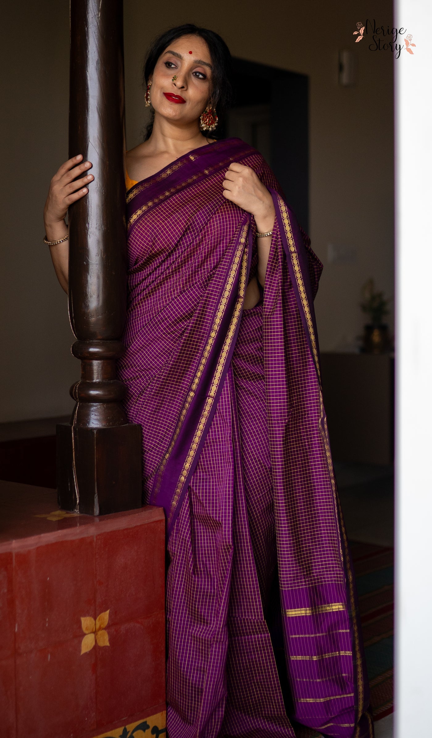 PREMIUM CHECKED COTTON SAREE - BYZANTINE