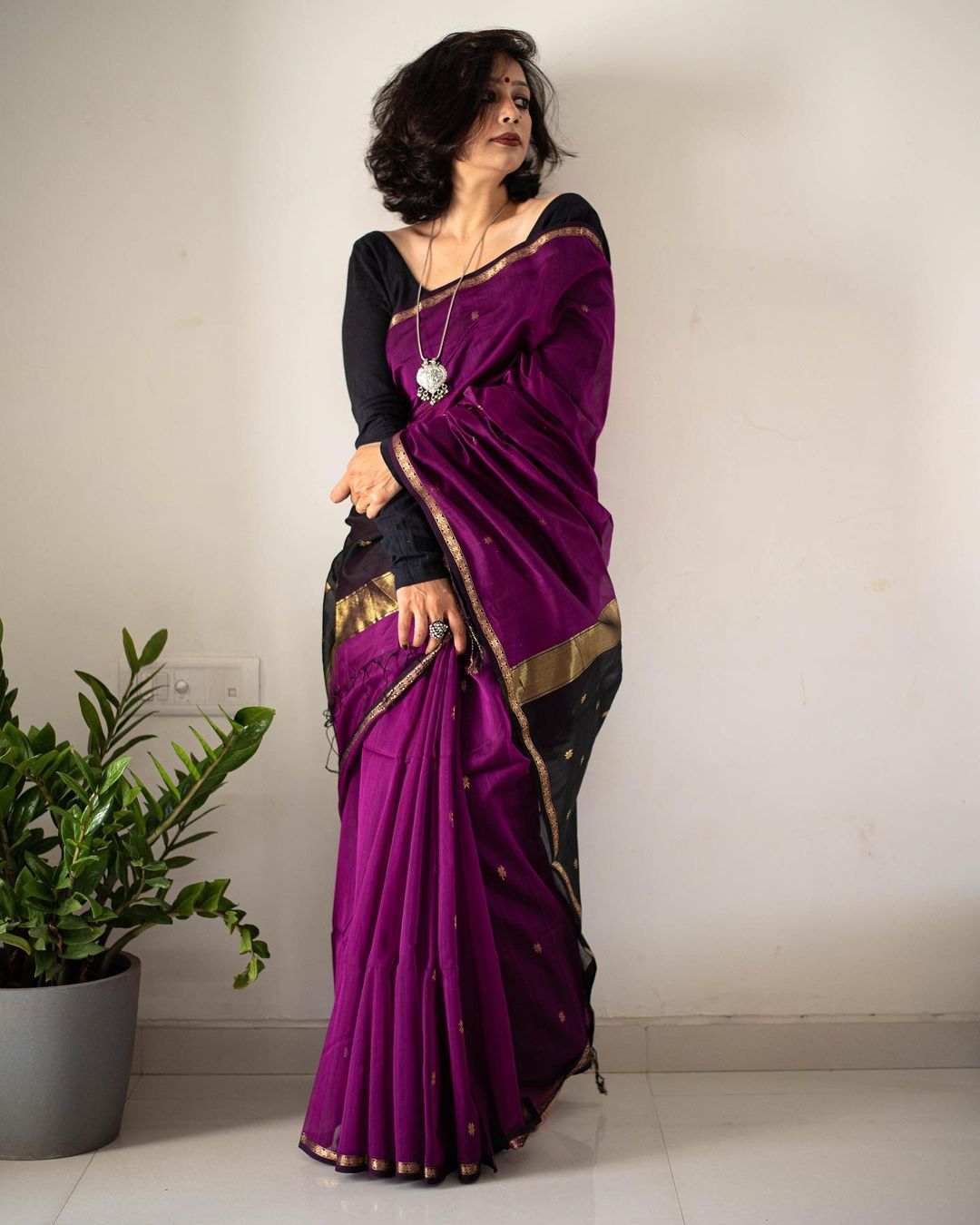 MAHESHWARI COTTON SILK SAREE - VIOLET