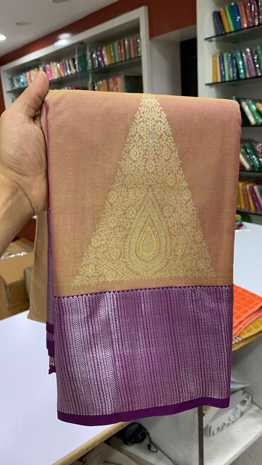 SEMI KANCHI SILK SAREE - PEACH GOLD & PURPLE