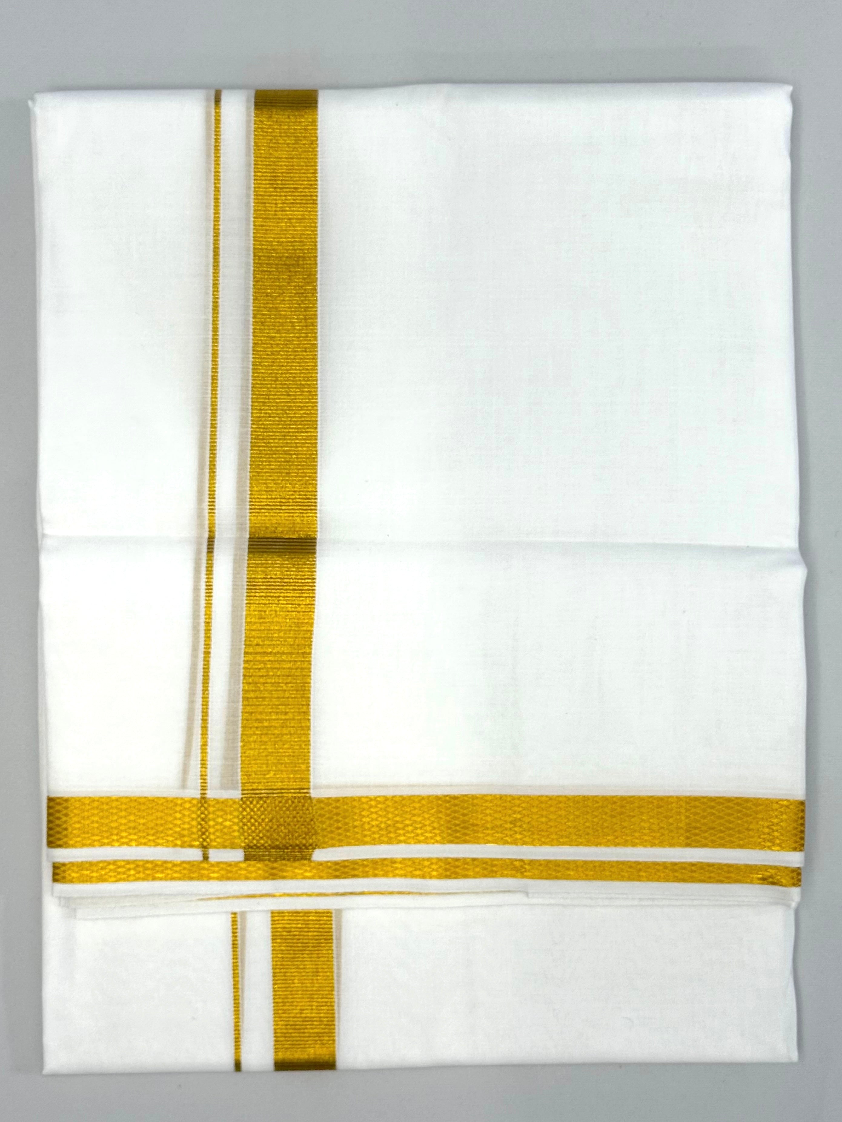 MEN'S DOUBLE DHOTI WHITE WITH GOLD ZARI BORDER