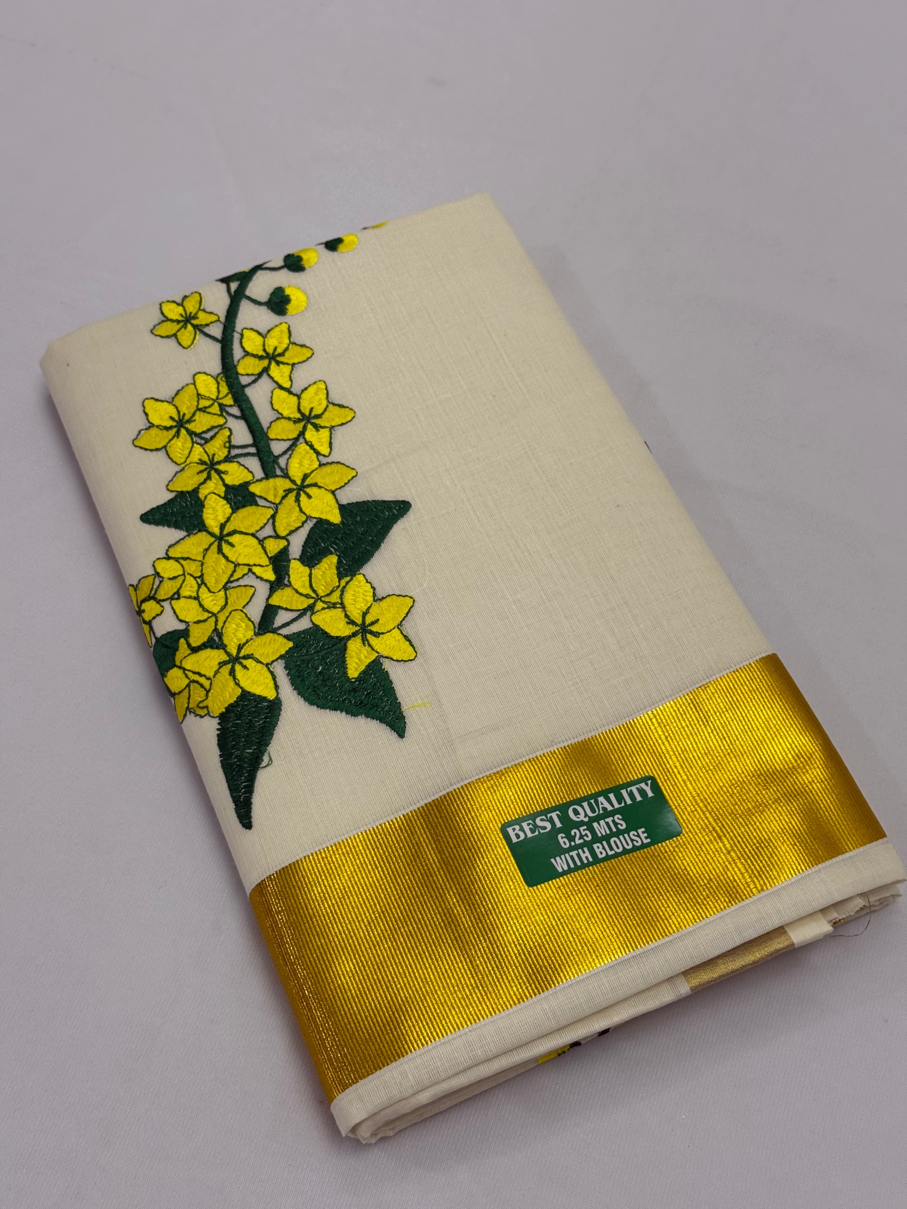 EMBROIDERED KERALA KASAVU COTTON SAREE - GOLD