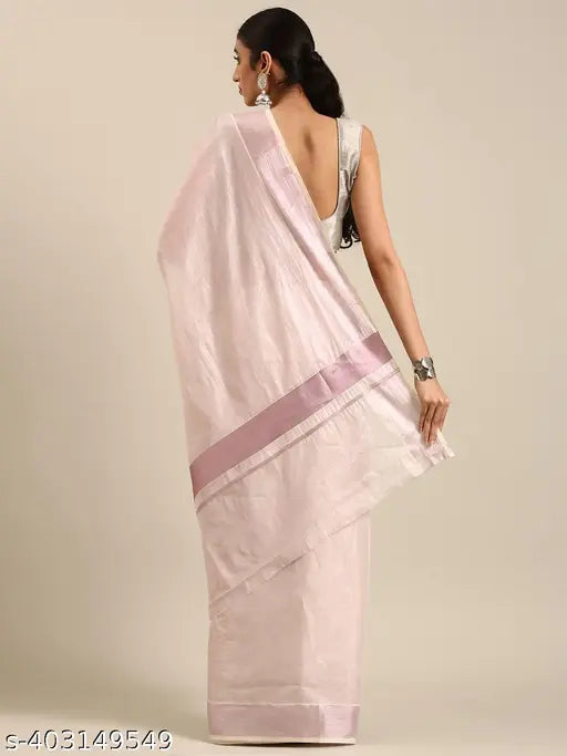 KERALA TISSUE PLAIN SAREE WITH PINK  COPPER  ZARI BORDER