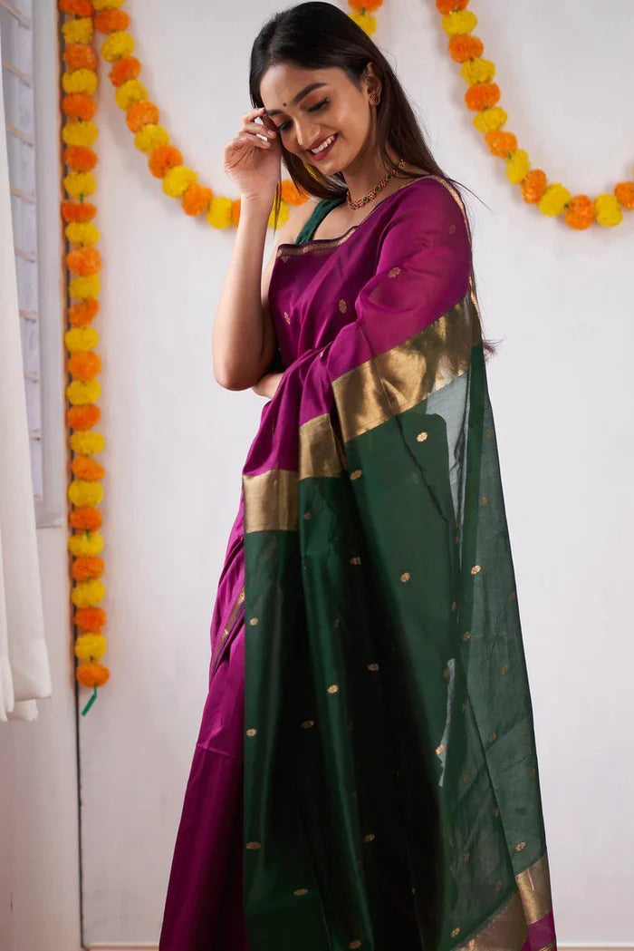 MAHESHWARI COTTON SILK SAREE - PINK & GREEN